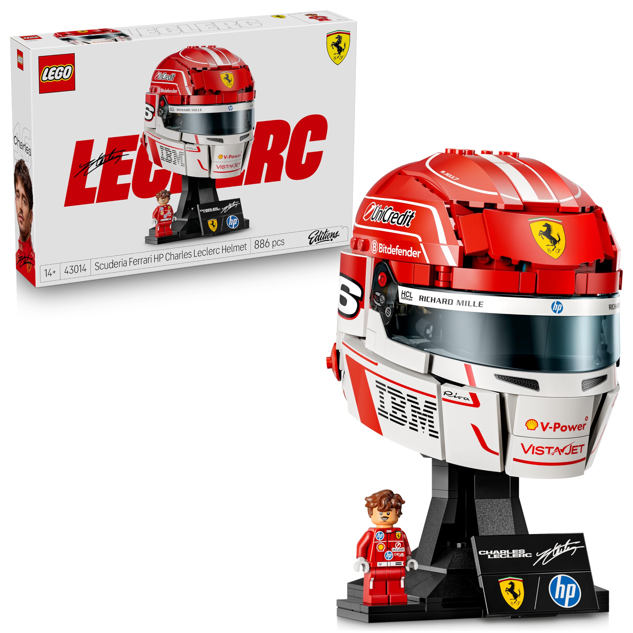 LEGO Editions Scuderia Ferrari HP Charles Leclerc Helm - F1 Merchandise - Ausstellungsmodell Bausatz mit sammelbarer Minifigur - Geschenk für Jungen ab 14 Jahren und Erwachsene Motorsportfans - 43014