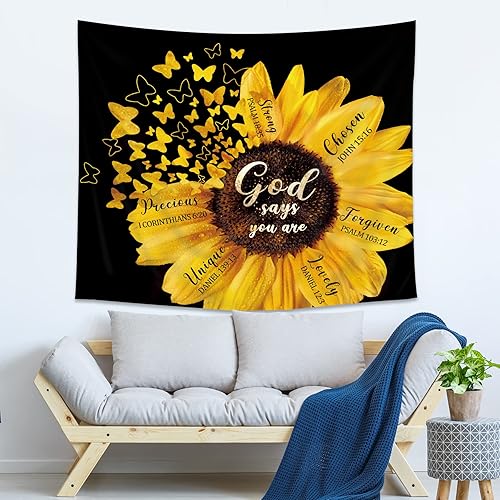 Miniatura 2 de AMBZEK Tapiz de girasol negro amarillo de 51 pulgadas de alto x 59 pulgadas de ancho, versículo de la Biblia, citas de niñas y mujeres, mariposa