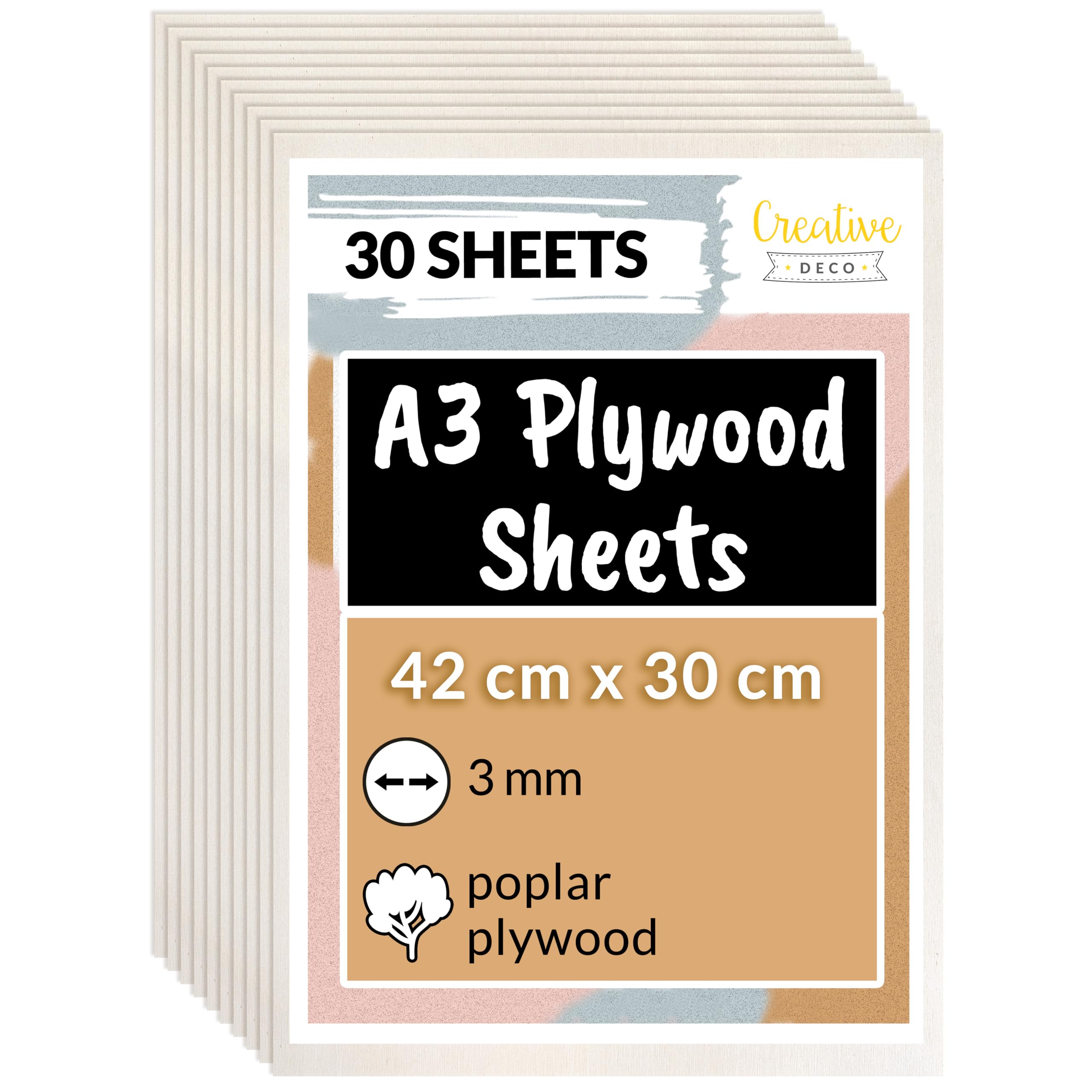 Creative Deco30 x A3 Plywood Sheets | 420 x 300 x 3 mm | Poplar Wood Ply | Perfect Board for Wood Board DIY Home Decor, Arts, Craft, Painting, Laser Cutting, CNC, Scroll Saw, Stenciling Pyrography