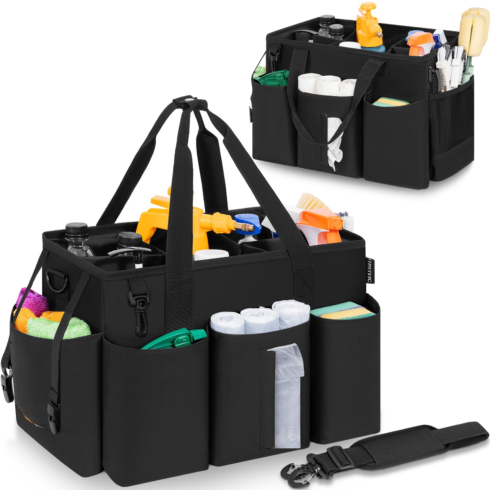 Sac de Nettoyage Portable, Sac Fourre-Tout de Nettoyage avec Poignée et Bretelle, Organiseur de Fournitures de Nettoyage avec Coussin Rigide et 4 Séparateurs pour Femme de Menage, Nettoyeur