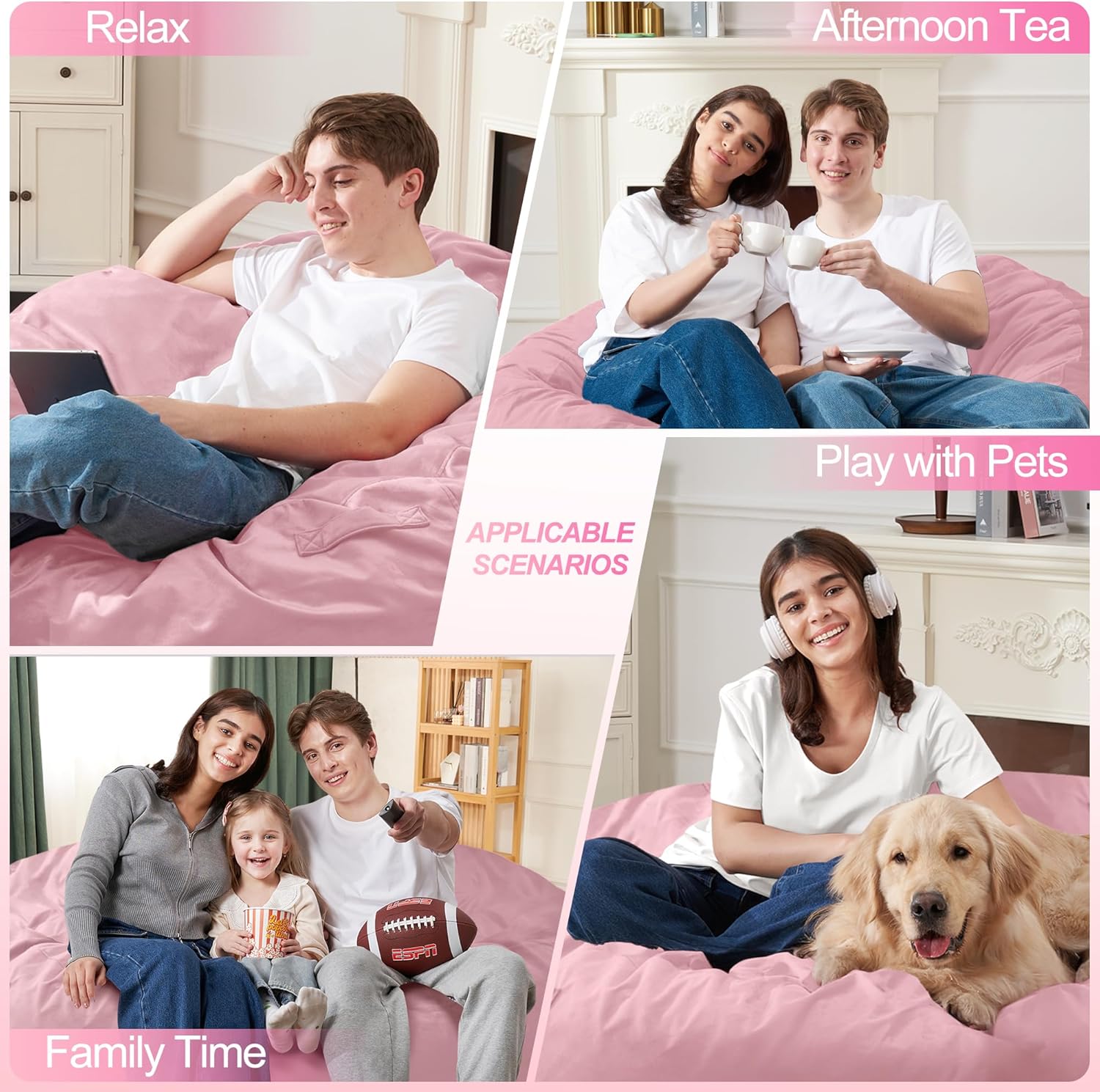 Homguava 4 FT Bean Bag Chair: 4' Bean Bags with Memory Foam Filled, Large Beanbag Chairs Soft Sofa with Dutch Velvet Cover-Light Pink