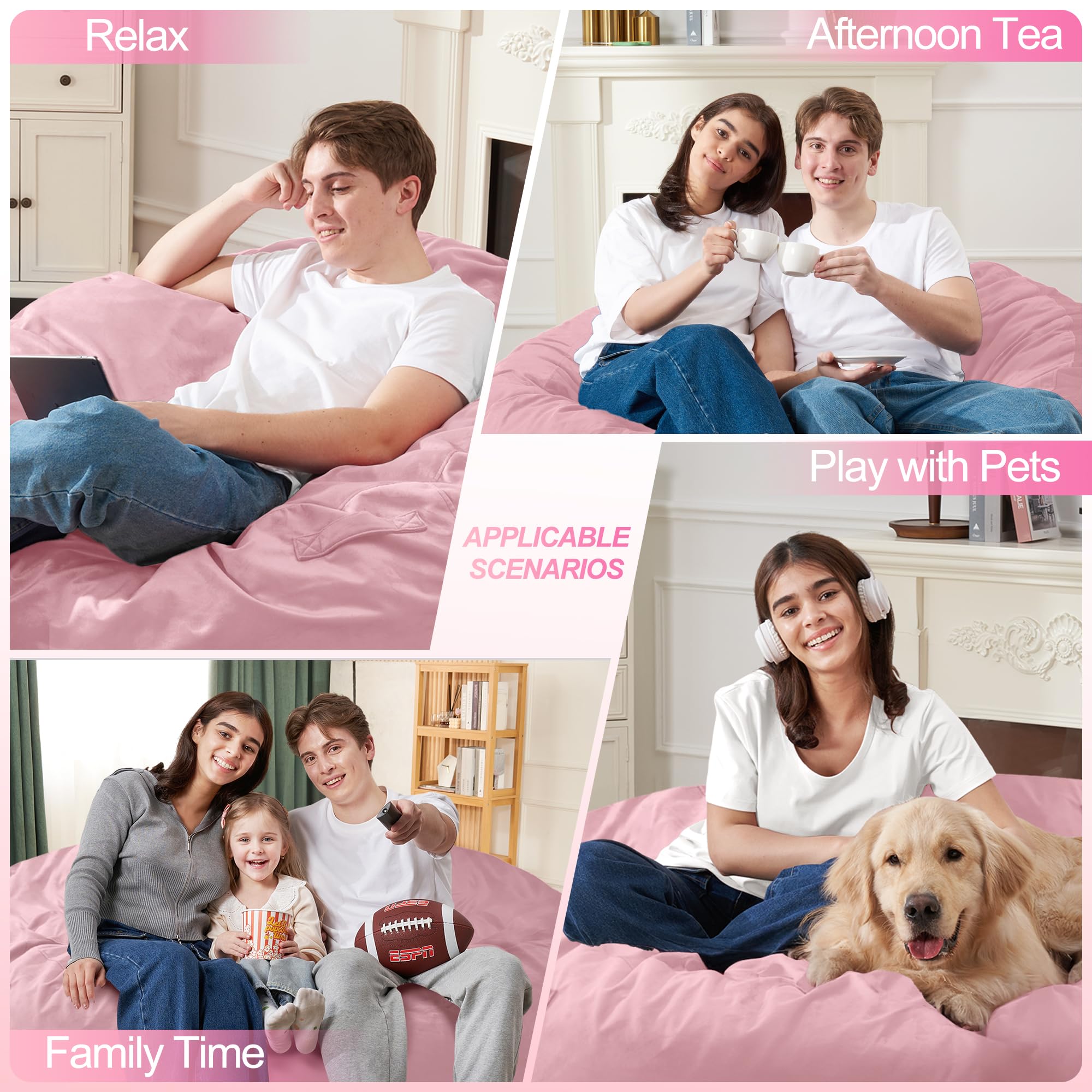 Homguava 5 FT Bean Bag Chair: 5' Bean Bags with Memory Foam Filled, Large Beanbag Chairs Soft Sofa with Dutch Velvet Cover-Purple