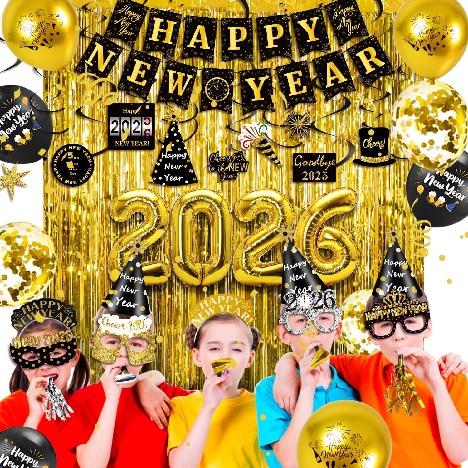 MOVINPE New Year Eve Party Decorations Kit 2026 - Happy New Year Party Supplies, Banner Cone Hats Tiaras Curtain Hanging Swirls Squawkers Blowouts Number Balloons Photo Booth Props Serve 20 - Image 4