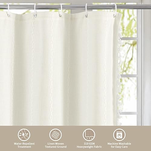 Miniatura 7 de MitoVilla Juego de cortinas de ducha de tela estilo bohemio marfil, modernas cortinas de ducha de tela de lino de algodón para decoración de baño