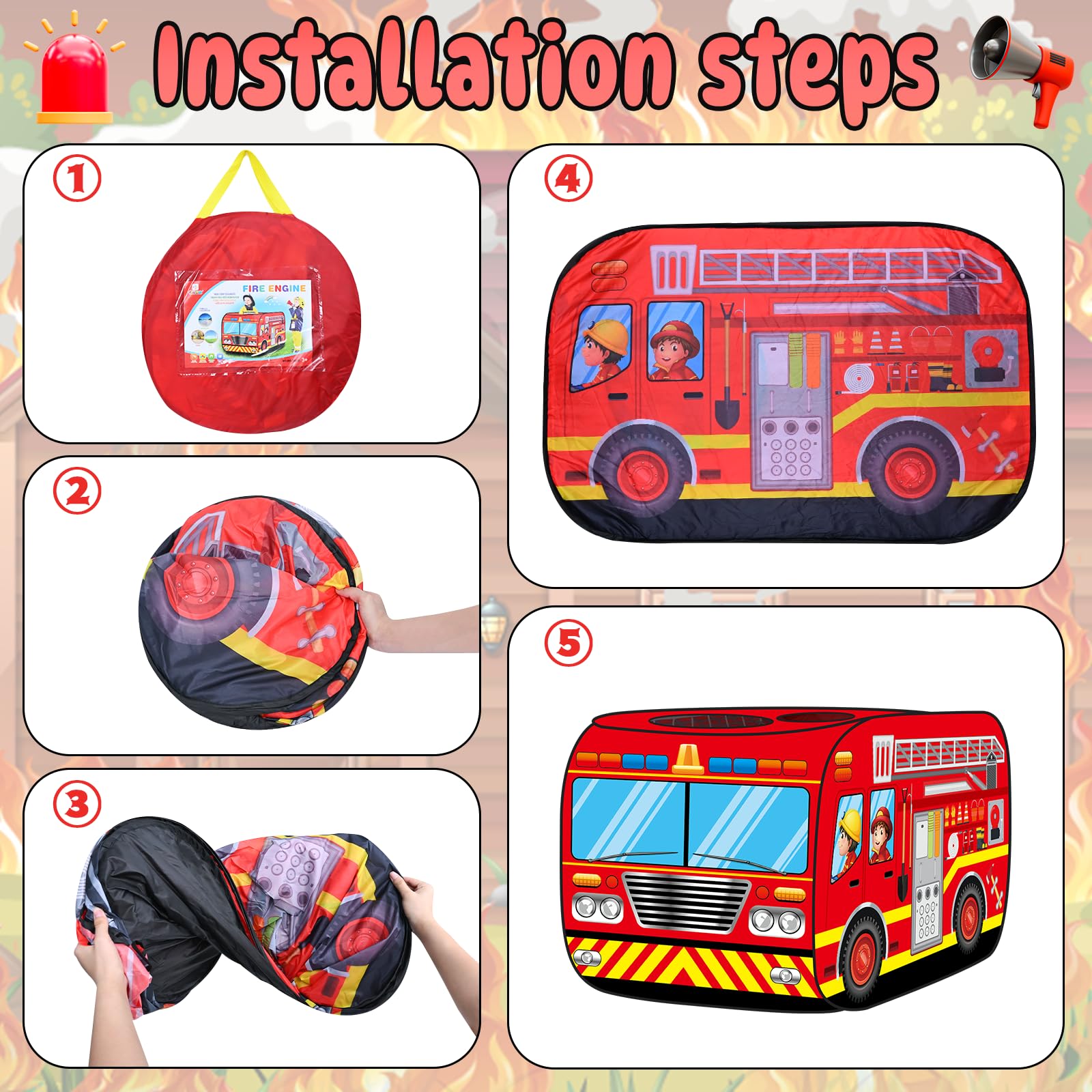 WEXFFU Pop Up Play Tent, Firefighter Play Tent for Kids Truck PlayTent, Waterproof Foldable Firetruck Toy - Image 3