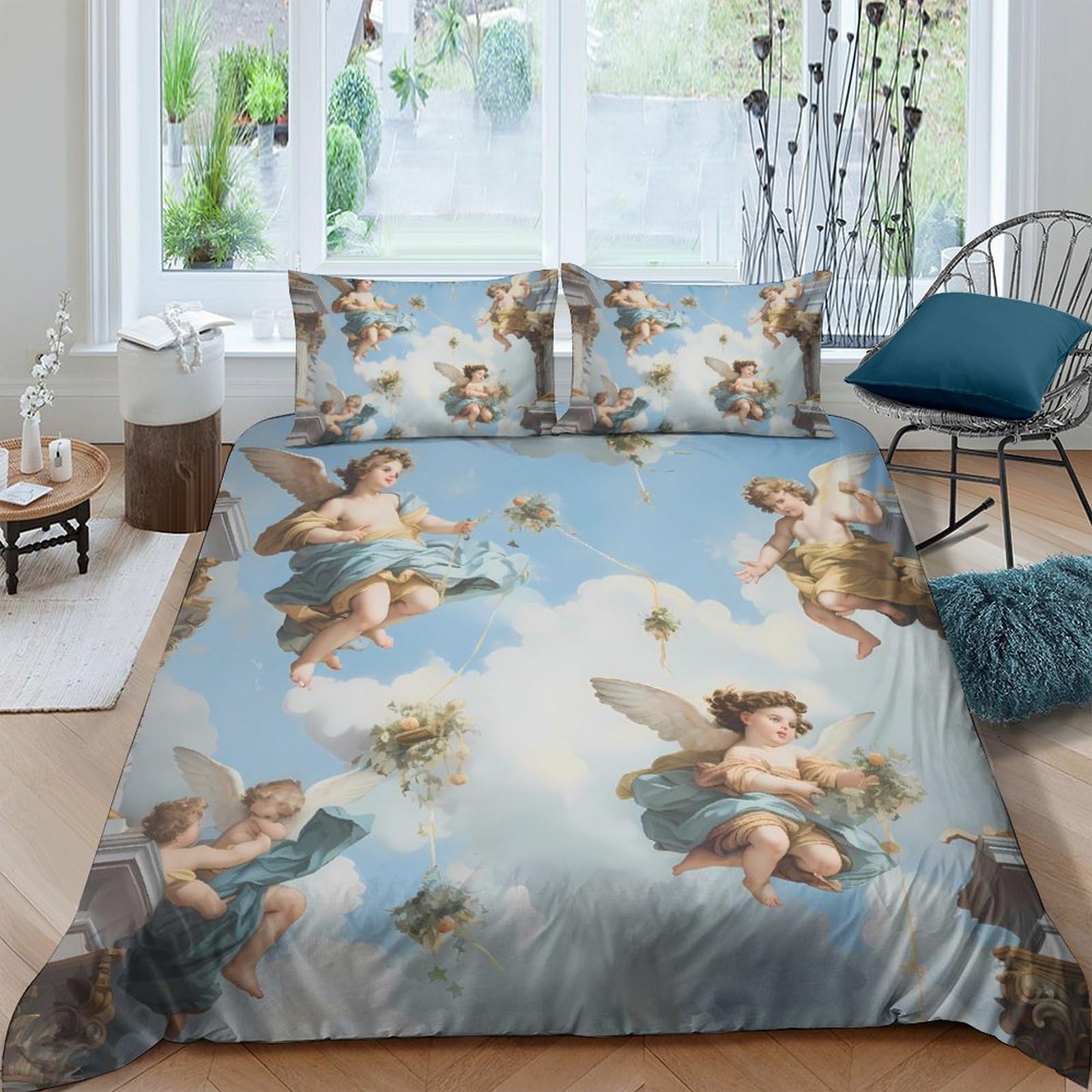 Ctjqhvkz Style-6 3D Printed Renaissance Angel Fitted Sheet Microfiber Soft Blue Sky Cherub Bed Cover For Bedroom Guest Room Decor Single（135X200cm）
