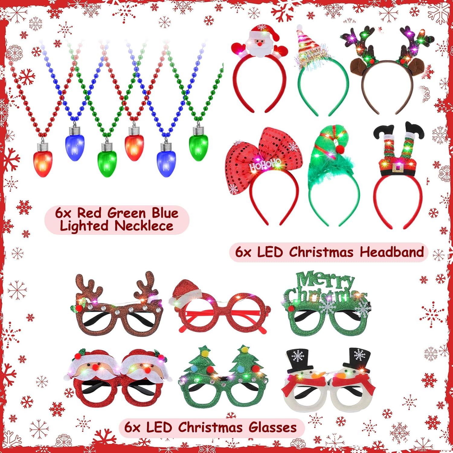 Hiboom 18 Pcs Christmas Light up Party Favors Includes LED Flashing Christmas Lighted Headbands Necklaces Glasses Holiday Glowing Accessories Light Jewelry for Kids Women Xmas New Year Party