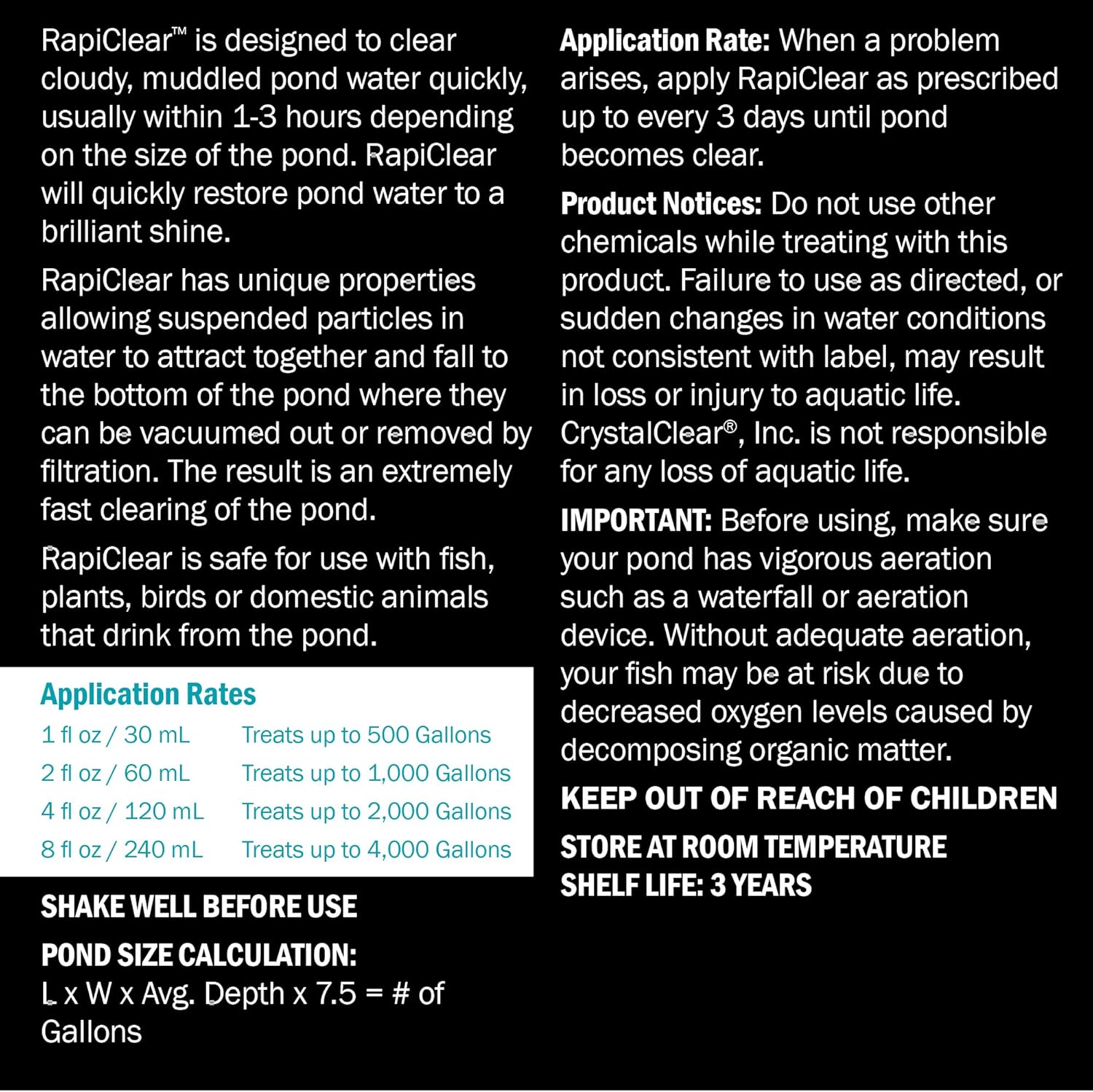 CrystalClear RapiClear Liquid Pond Flocculant for Outdoor Water Gardens, Fountains & Ponds, Natural Clarity Solution, Fish, Plant & Pet Safe, 1 Gallon