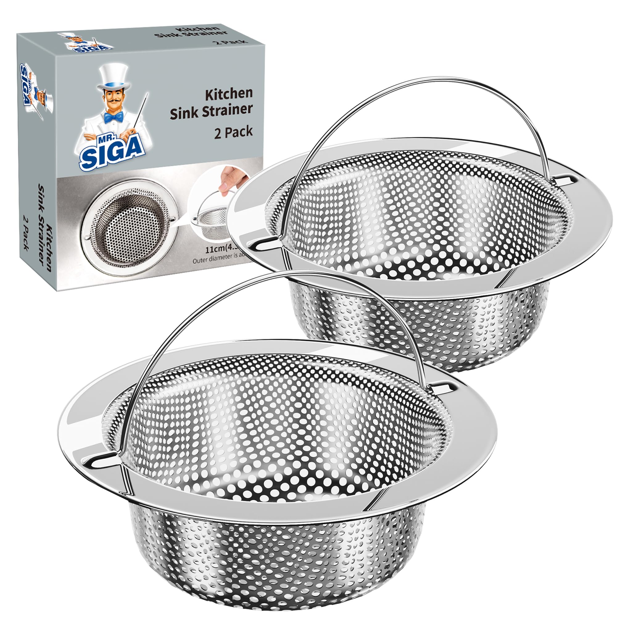 Mr.siga Silver Kitchen Sink Strainer, Stainless Steel Food Catcher Drain Protector Basket Filter Dishwasher Safe, 11 Centimetres Outside Diameter, 8.2 Centimetres Inside Diameter, 3 Centimetres Depth, 2 Pack