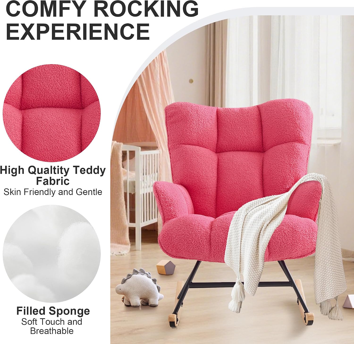 Zedachica Rocking Chair Nursery Glider Rocking Chais Teddy Rocking Accent Chair Nursery Rocker Nursing Rocking Chairs for Living Room Bedroom (Hotpink Teddy)