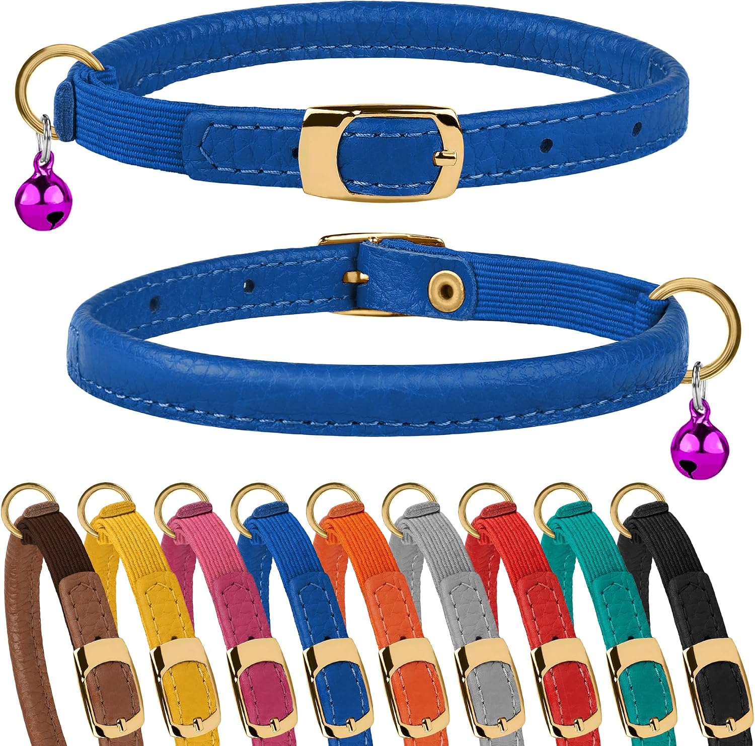 Murom Rolled Leather Cat Collar with Elastic Strap Safety Adjustable Pet Collars for Cats Kitten Yellow Red Pink Blue Orange Brown Gray…