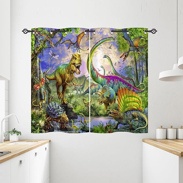 ANHOPE Dinosaur Curtains Eyelet Ring Top Thermal Insulated 80% Blackout Curtains with Jungle Animal Dino T-Rex Print Pattern Window Drapes for Kids Boys Girls Bedroom 28 x 54 Inch Drop 2 Panels - 2