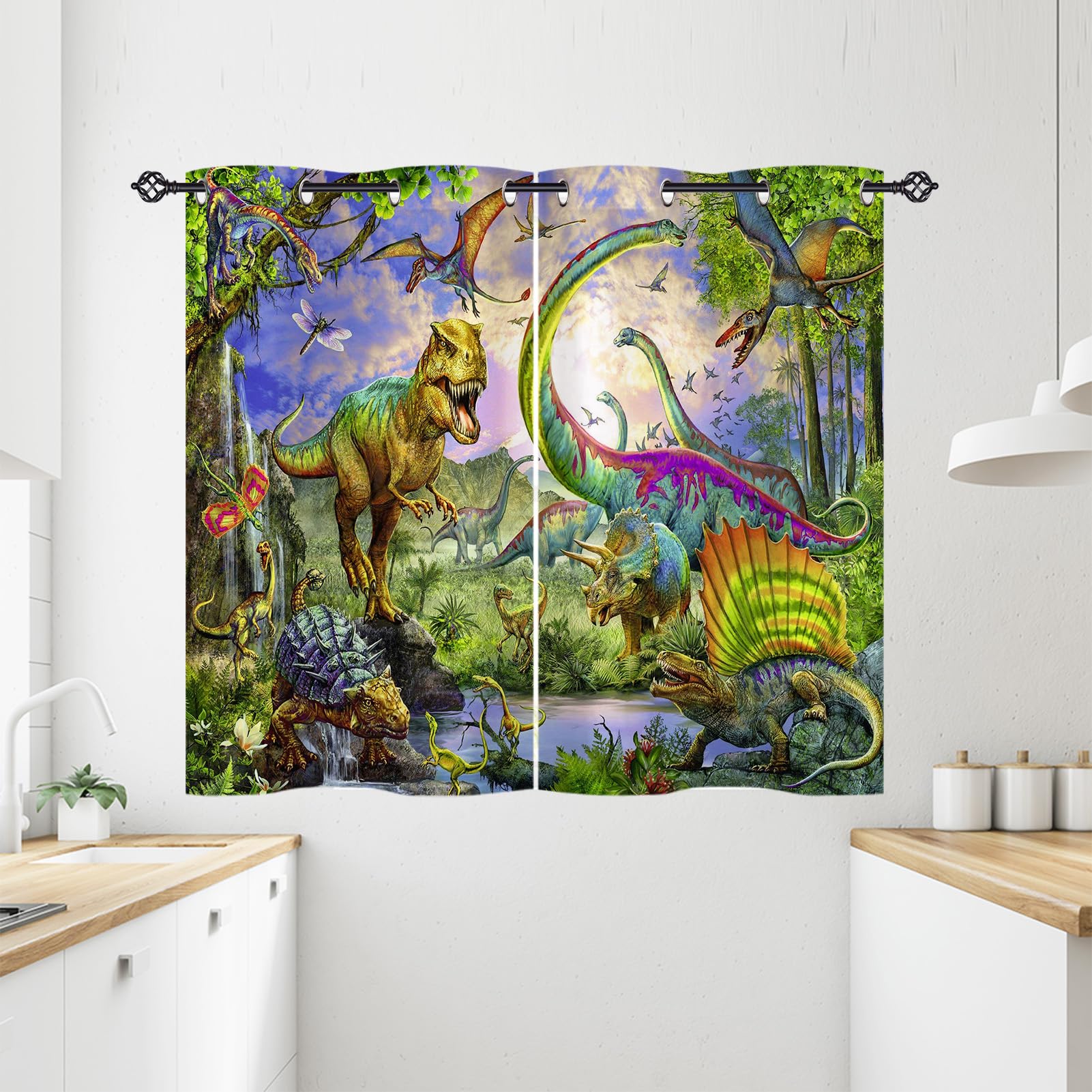 ANHOPE Dinosaur Curtains Eyelet Ring Top Thermal Insulated 80% Blackout Curtains with Jungle Animal Dino T-Rex Print Pattern Window Drapes for Kids Boys Girls Bedroom 28 x 54 Inch Drop 2 Panels — view 2