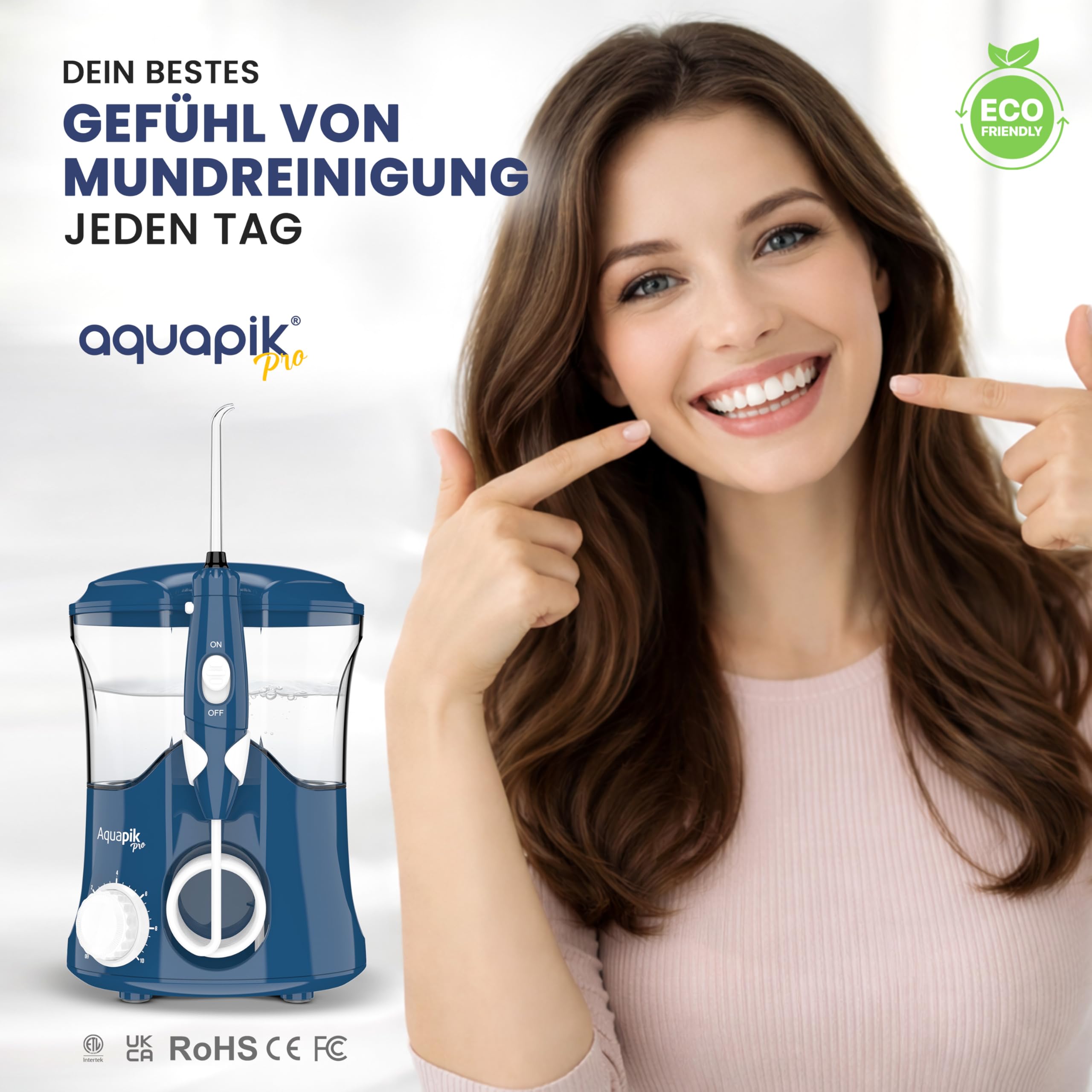 Aquapik PRO Munddusche 600 ml 10 Druckstufen 8 Aufsätze mit Precision Pulse.