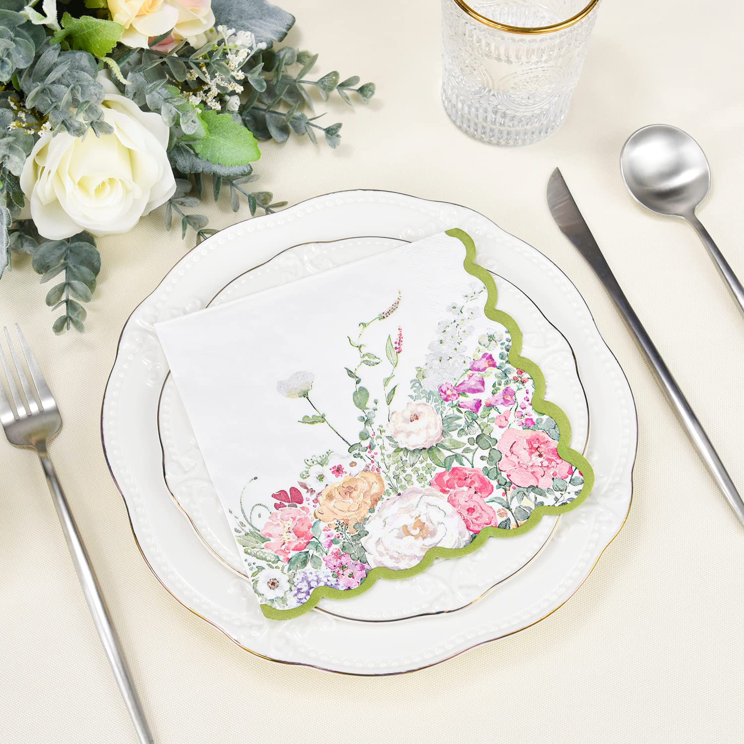 50 Serviettes En Papier Florales Jetables - Décoration De Fête Thé, Anniversaire, Mariage - Motif Floral