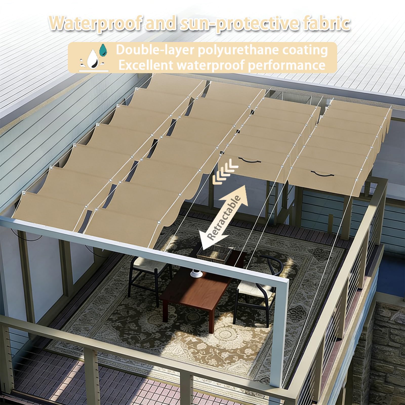 Einziehbare Welle Sonnensegel, Verstellbar Schattenabdeckung, Sonnenschutz Wasserdicht Outdoor Wellenmarkise mit Ösen und Kordel für Balkon Terrasse Garten-Khaki||350x400cm