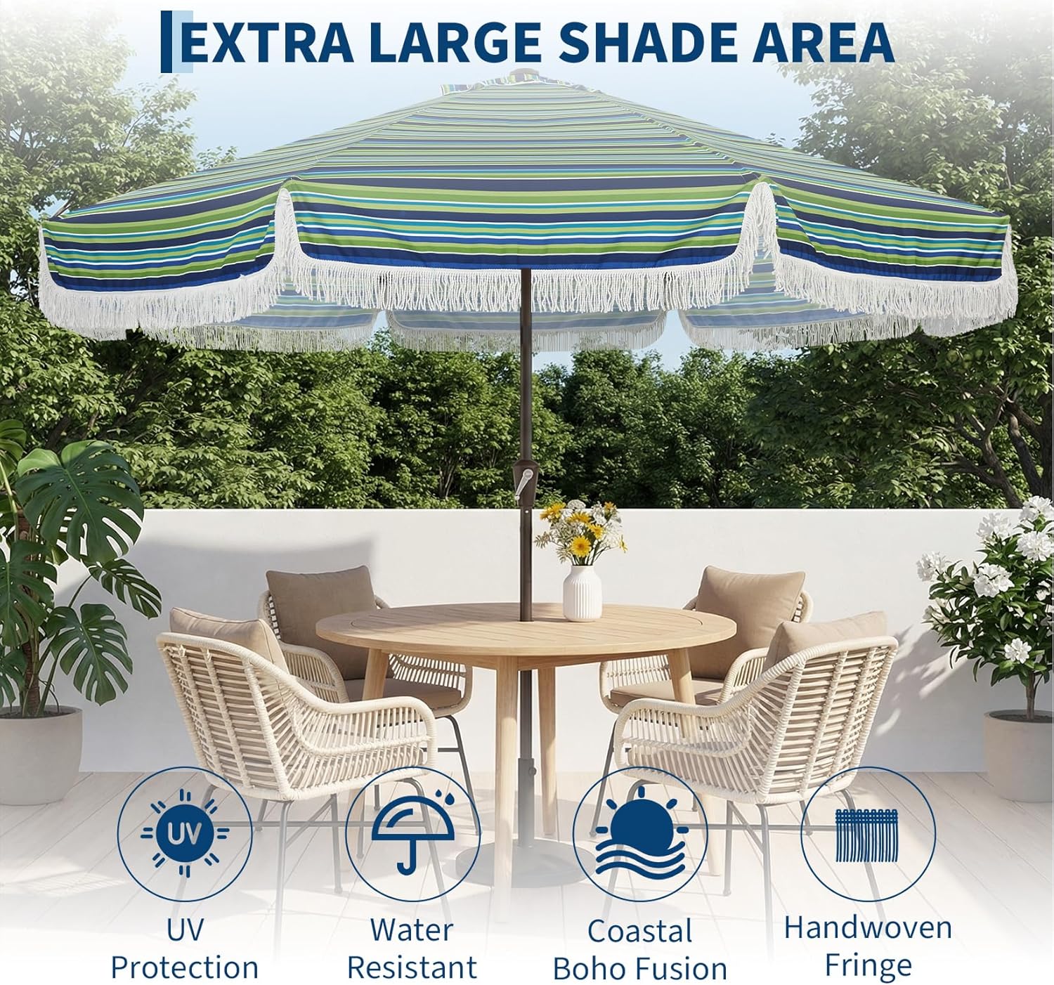 Garvee 10FT Fringe Patio Umbrella with Crank Handle, Push Button Tilt for Sun Shade, 8 Fiberglass Ribs,1.5"D Premium Steel Pole, Outdoor Large Tassel Umbrella for Patio Beach Pool Backyard,10' Stripe