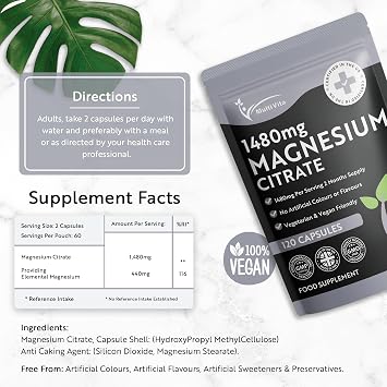 Magnesium Citrate 1,480mg 120 Vegan Capsules 2 Months Supply - Providing 440mg Elemental Magnesium Per Serving - Magnesium Capsules not Magnesium Tablets - High Strength Magnesium Supplement GMO Free