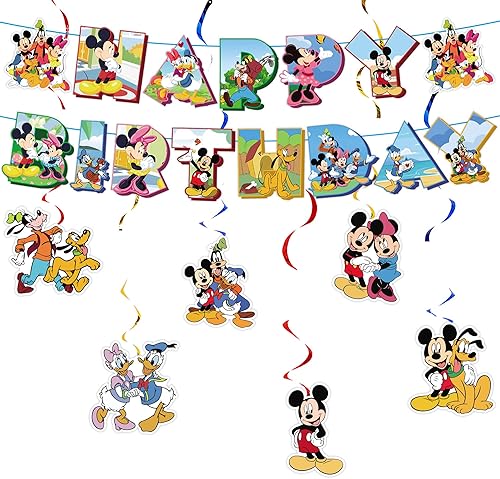 Decoraciones de fiesta de cumpleaños de ratón, suministros de fiesta de ratón incluyen 1 pancarta, 6 espirales colgantes, recuerdos de fiesta de