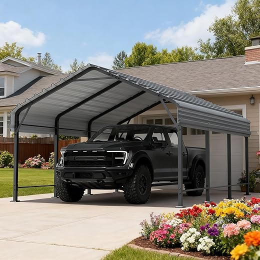 Metal Carport, Heavy Duty Metal Carport Canopy with Galvanized Steel Roof and Frame, Permanent Garage for Pickup, Bass Boat, Trucks, Car and Tractors