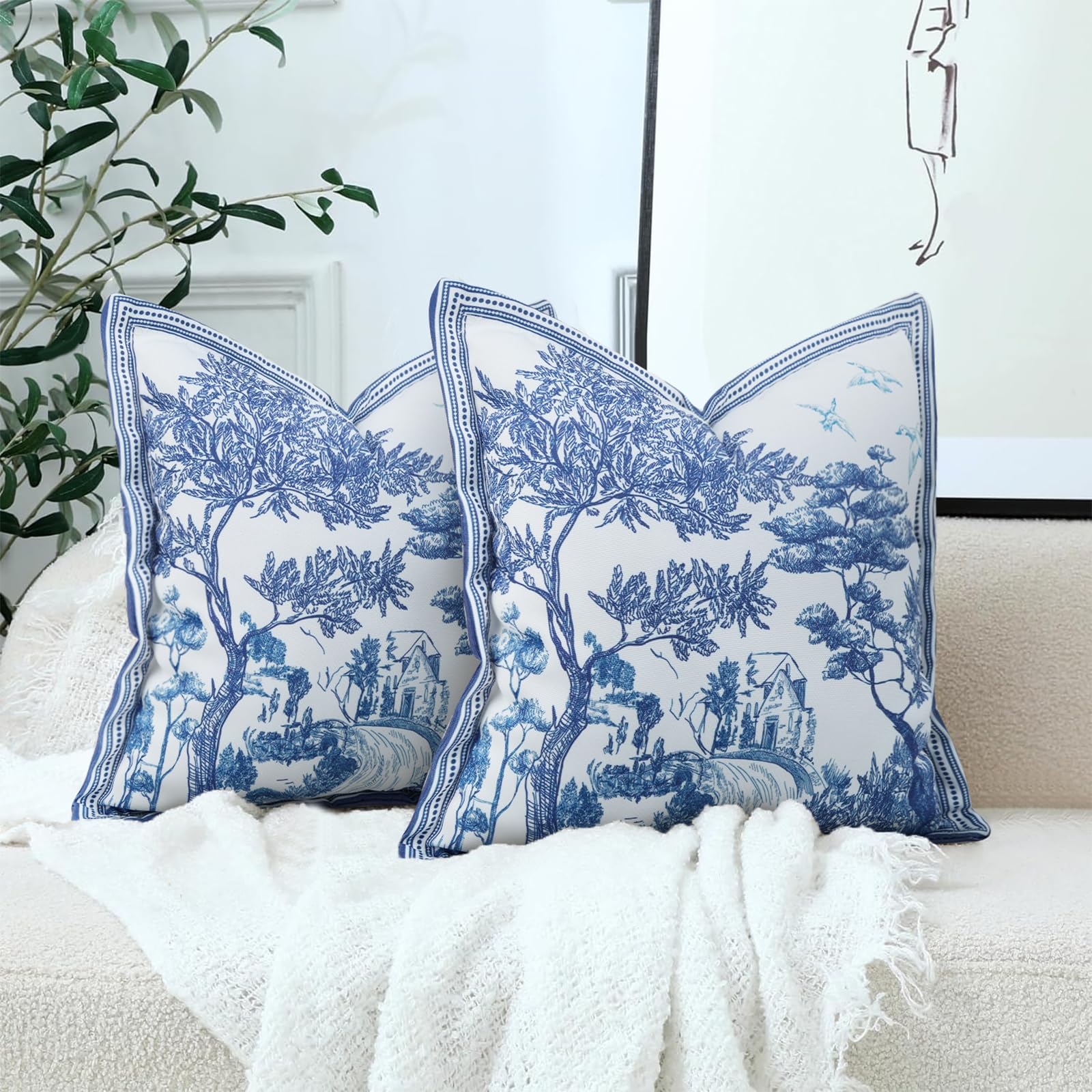 Blue Floral Decorative Toile Throw Pillow Covers 18X18 In Set of 2 ...