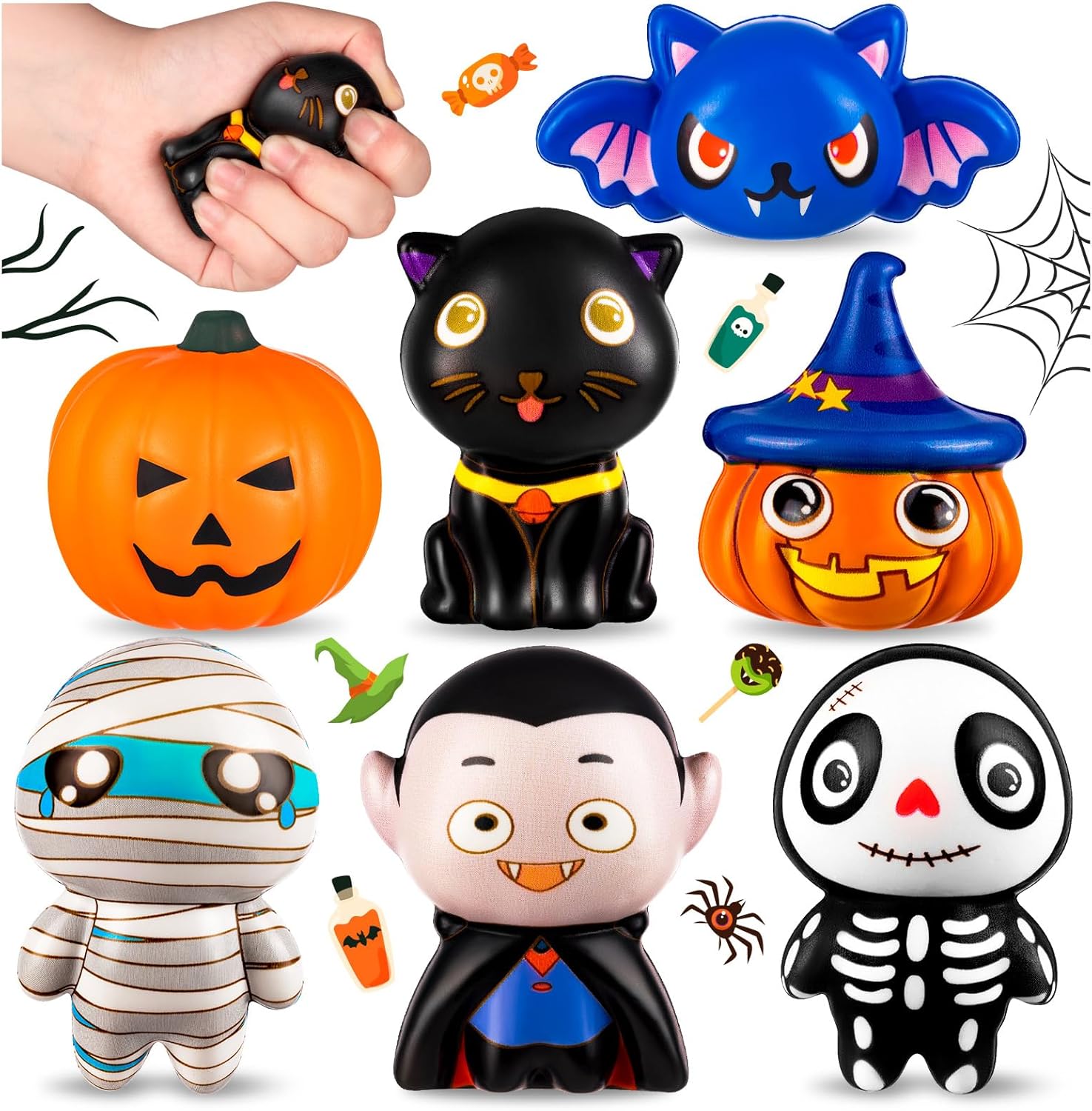 7 Pcs Halloween Squishies Toys Soft Slow Rising Squishies Toys Includes Pumpkin Vampire Black Cat Mummy Human Skeleton Bat Decompression Soft Squeeze for Kids Halloween Decoration