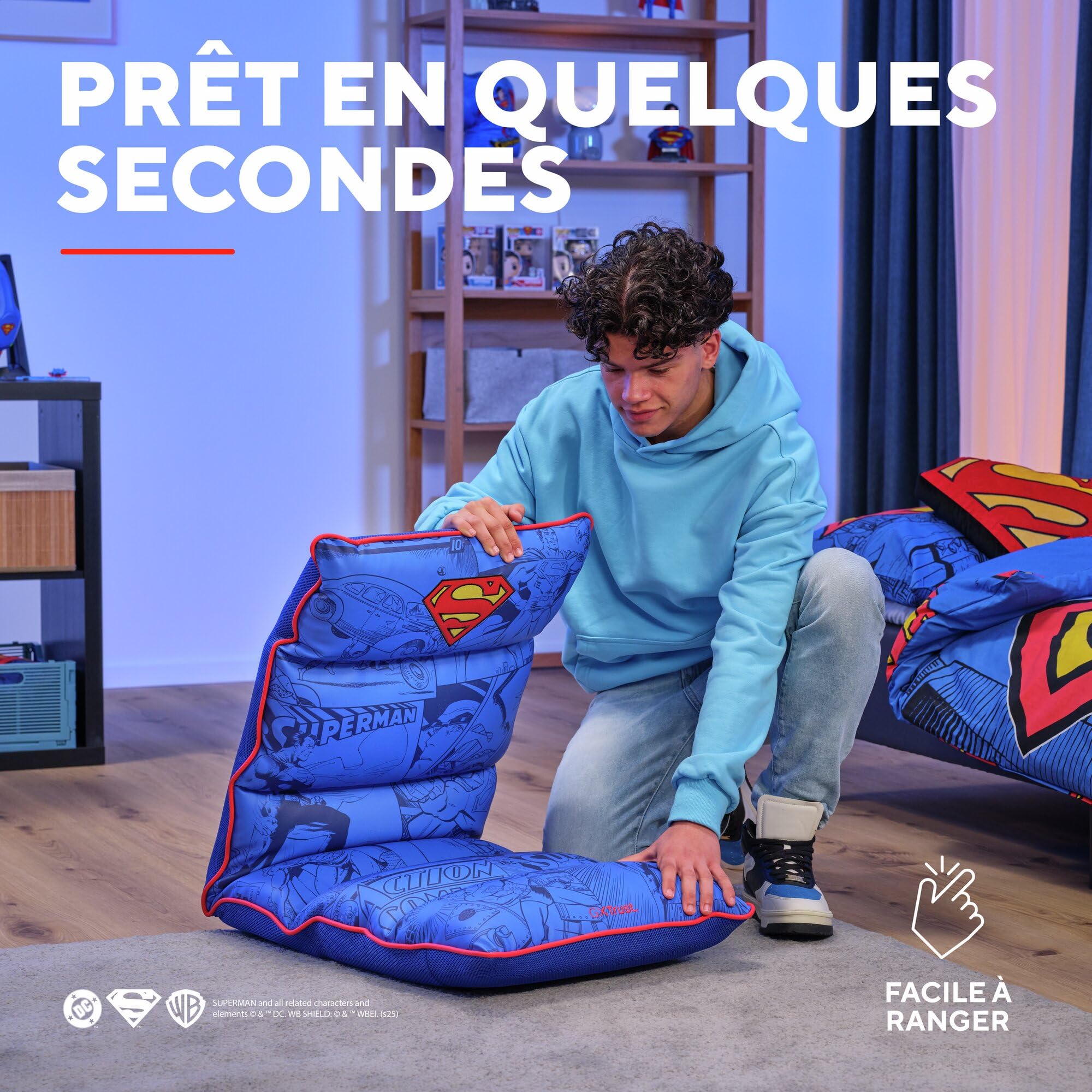 GXTrust Rayzee Chaise Gaming Pliable avec Licence Superman, Bleu | Coussin De Sol Réglable pour Consoles, Supporte Jusqu'à 125 kg, Fauteuil Gamer pour Jeux Relax Enfant Lecture