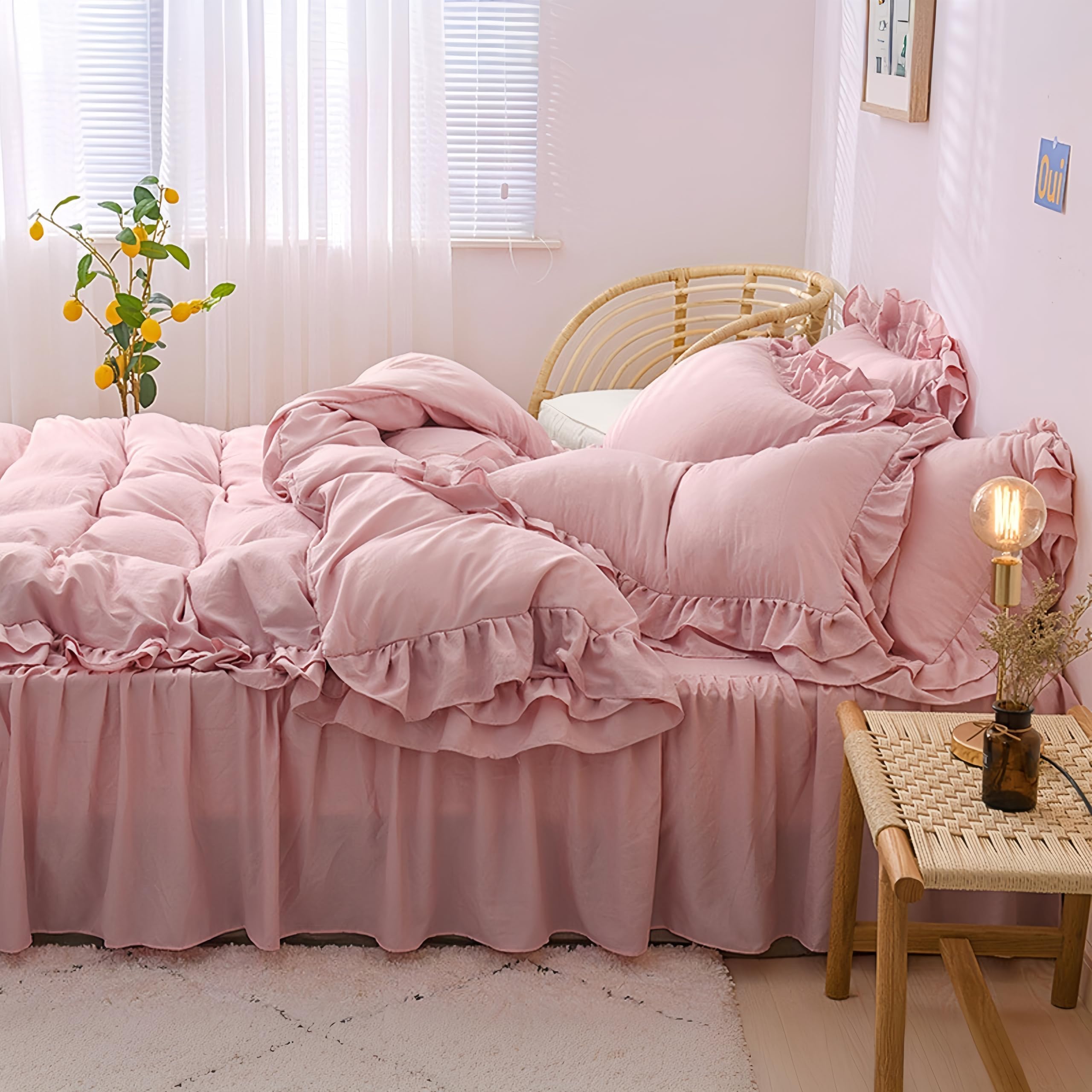 Romántico juego de ropa de cama beige con volantes, 4 piezas, 135 x 200 cm, funda de edredón acogedora con volantes, funda de edredón de microfibra gris pardo y 2 fundas de almohada de 80 x 80 cm