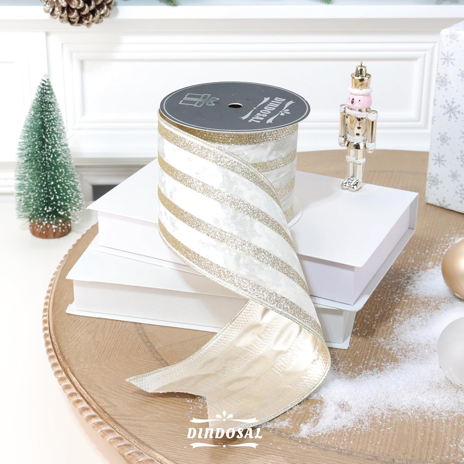 Ivory Velvet Wired Ribbon with Champagne Glitter Stripe 4 Inch Crushed Velvet Christmas Ribbon, 10 Yards for Gift Wrapping, Crafts, Christmas Tree Decorations, Wreath Supplies, Garlands