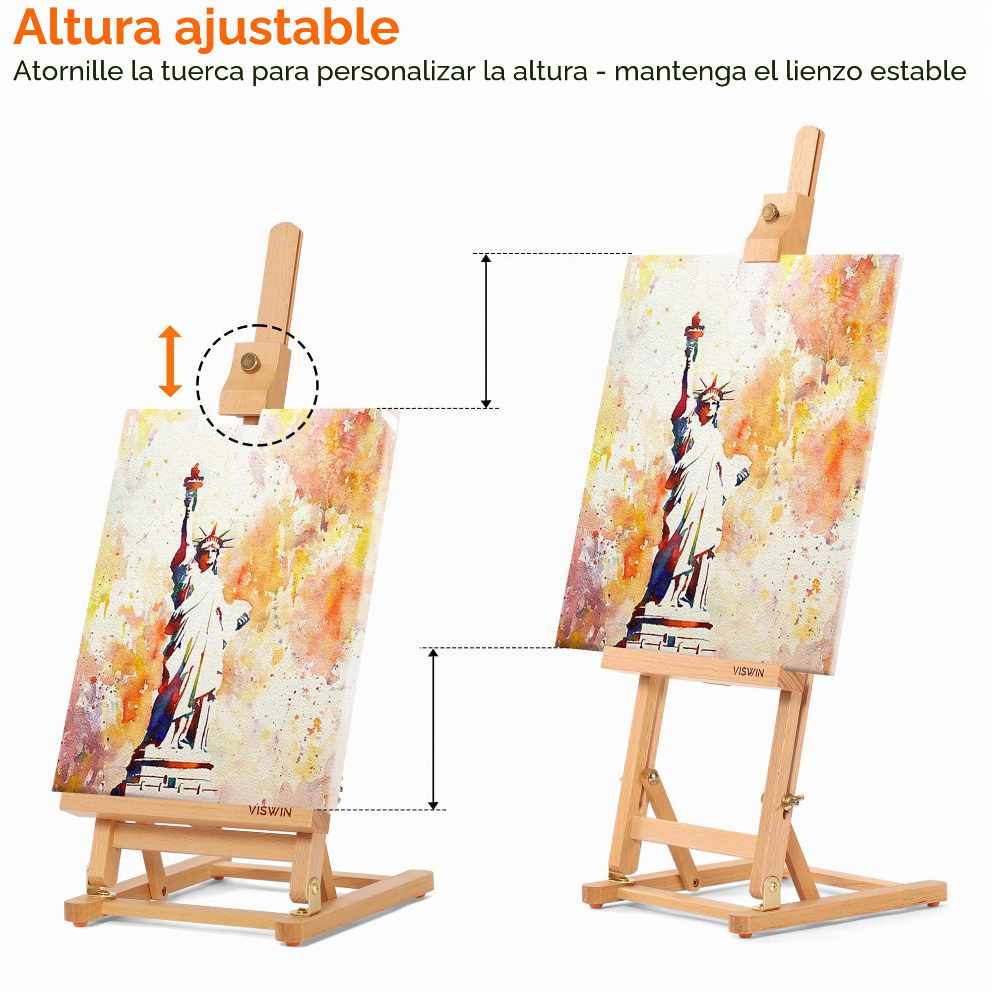 VISWIN Caballete de mesa pequeño en H 63 cm, ajustable, madera de haya, para lienzos hasta 38 cm, caballete portátil para adultos, artistas, principiantes – Natural