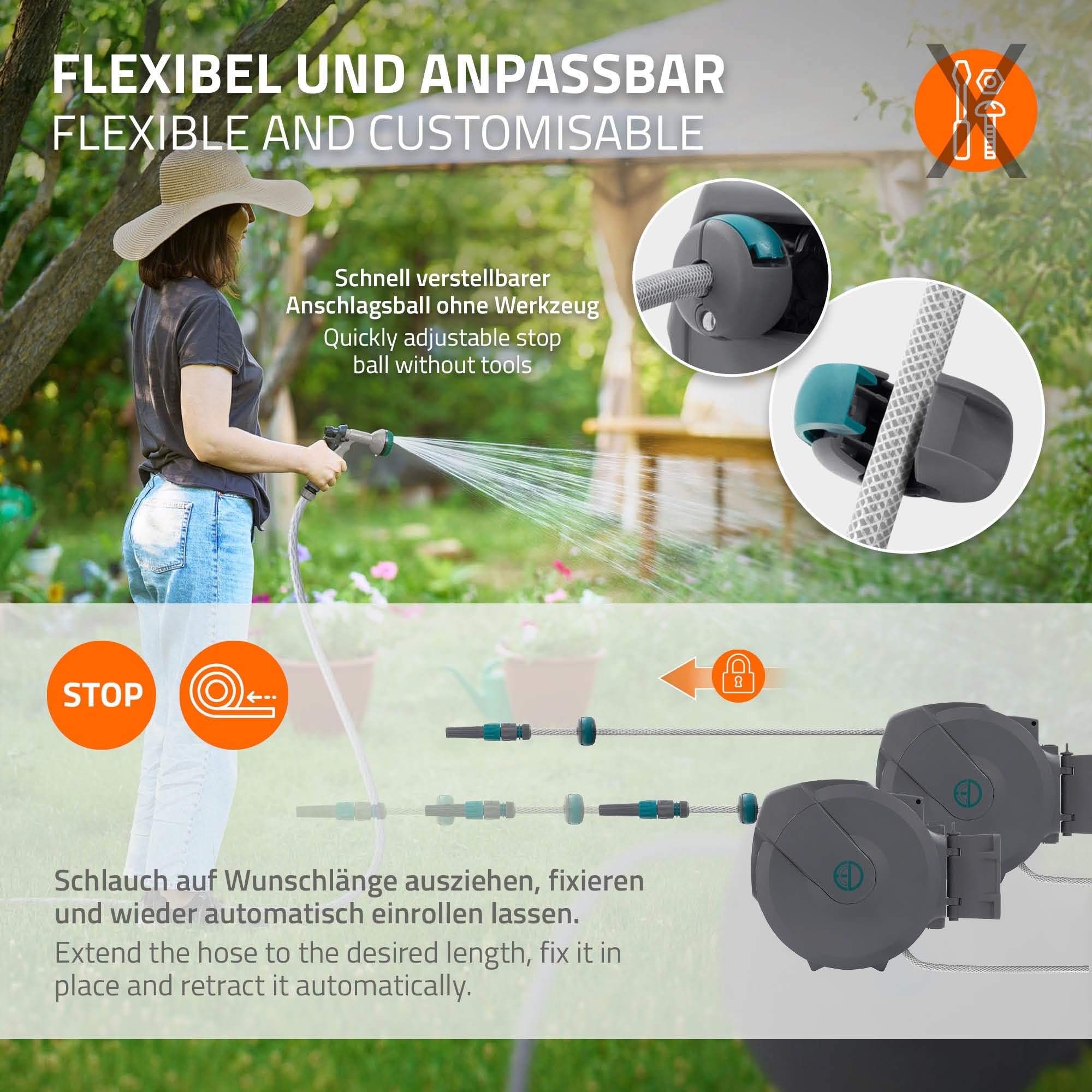 ECD Germany Carrete de Manguera 15m + 1,5m Extensible de PVC Enrollador Automático Portamanguera con Bloqueo y 9 Funciones de Pulverización, Tambor de Pared Giratorio 180° para Jardín Exterior