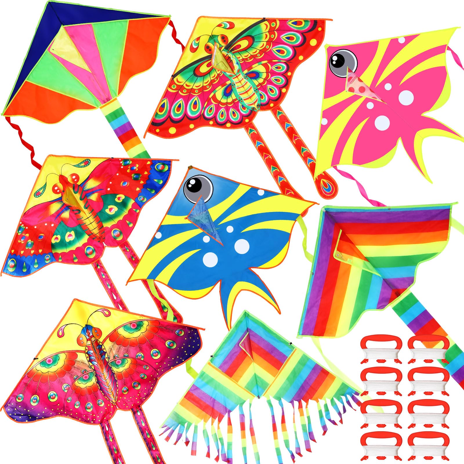 Foilswirl 8 Pack Kites for Kids Butterfly Kite Fish Kite Large Rainbow Delta Kite Easy to Fly Beach Kite with 8 Pcs 109 Yard Kite String Spool Nylon Kites for Children Adults Spring Outdoor Games