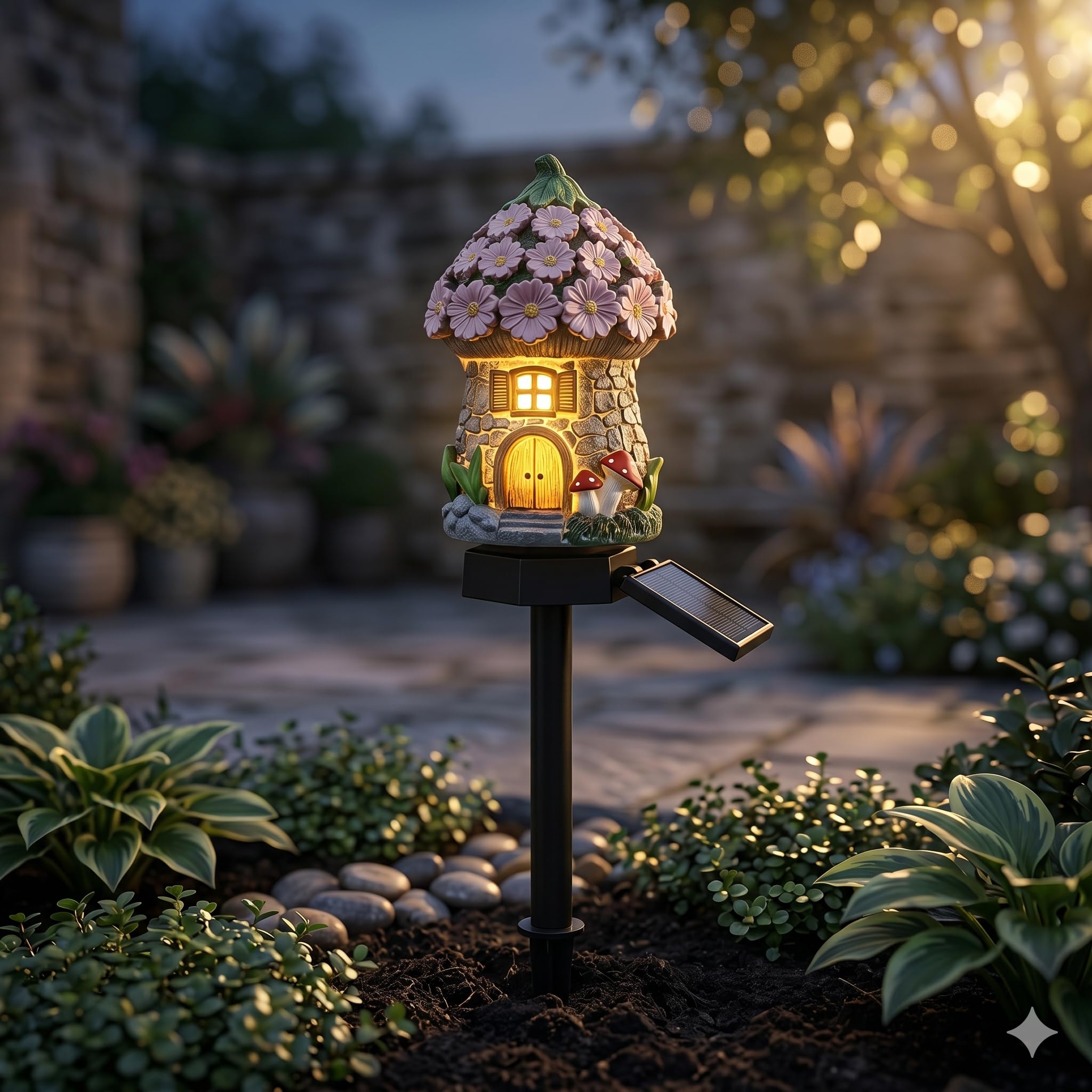 Solar Fairy-Tale Mushroom Cottage Garden Light,Auto Solar Power Mushroom Whimsical Resin Fairy House Stake,Water-Resistant Resin LED Decor with Auto On at Dusk for Flower Beds,Patio and Yard