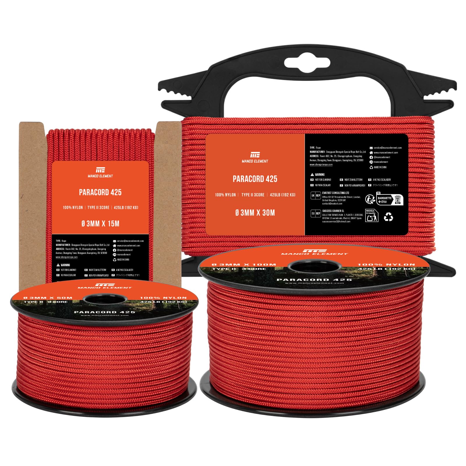 Manco Element 3mm Paracord 425 Type II 15m Red | 100% Nylon Rope 3 Strands Tactical Cord | Ideal for Outdoor, Camping, Survival, Crafting, DIY