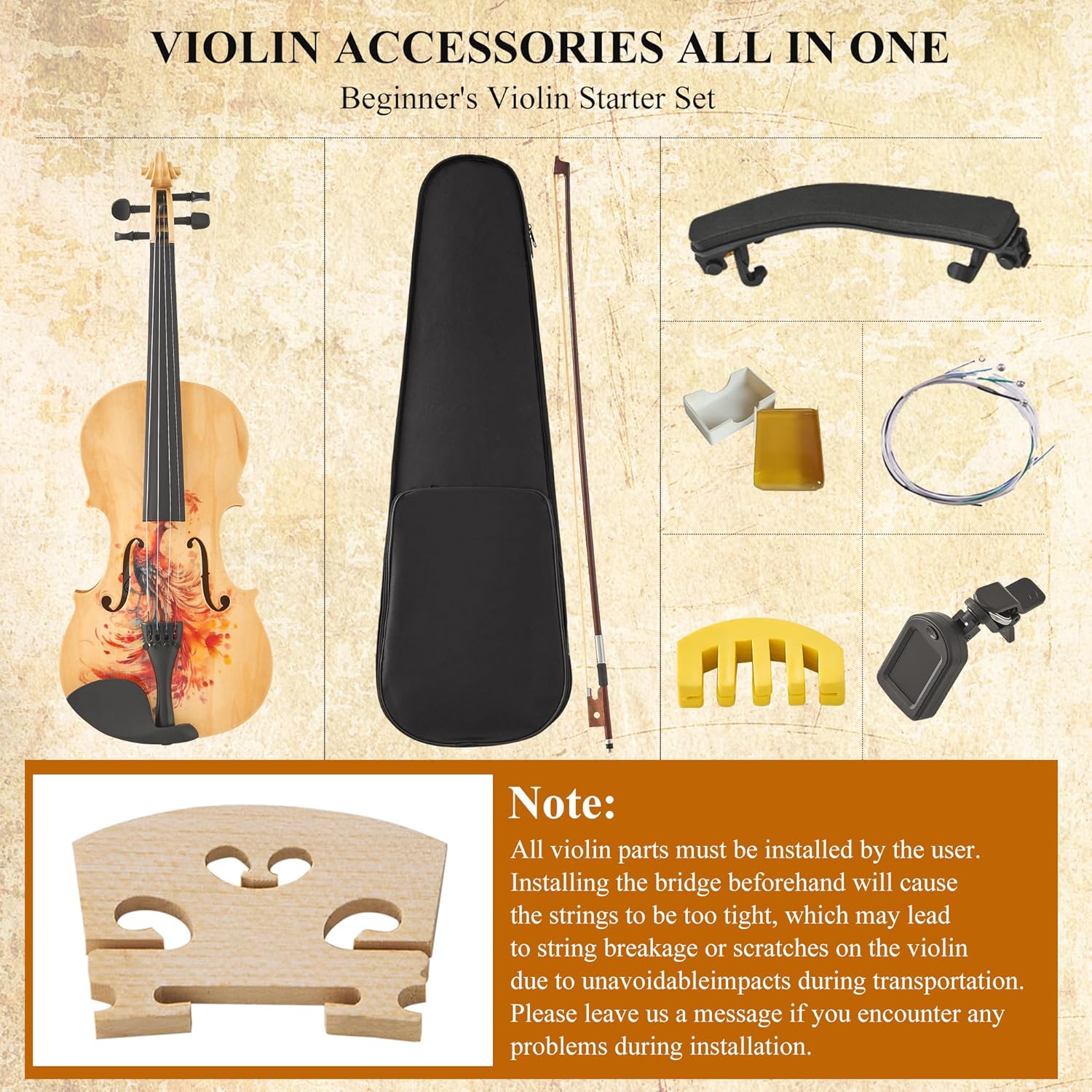 Beginner Violin 4/4 Full Size Kit, Violin Fiddle Set for Adults, Teens, Student, Hand Carved Acoustic Violins Set with Bow, Rosin, Shoulder Rest, Extra Strings and a Lightweight Hard Case
