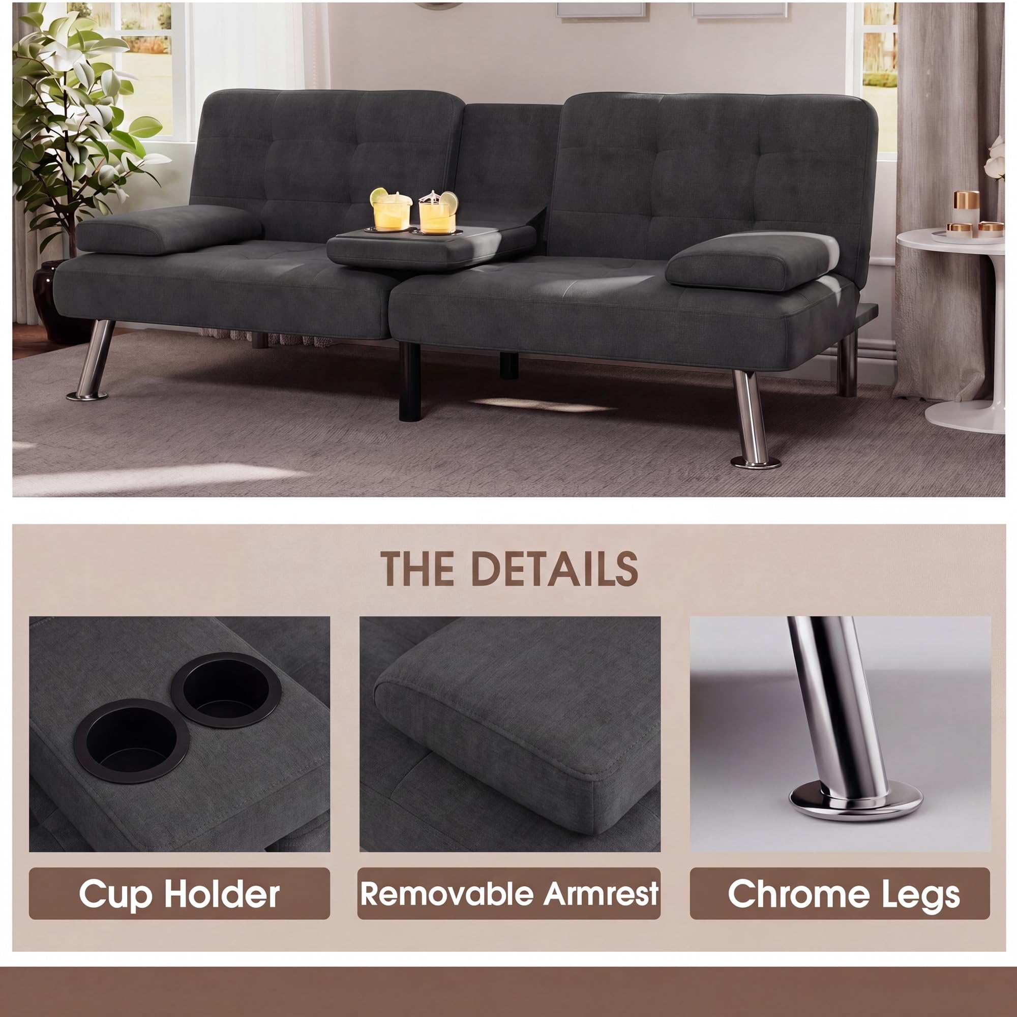 Flamaker Futon Sofa Bed, Modern Linen Convertible Folding Futon Set | Adjustable Sleeper Sofa with Removable Armrests & 2 Cup Holders, Recliner Lounge for Living Room, Apartment | Carbon Black