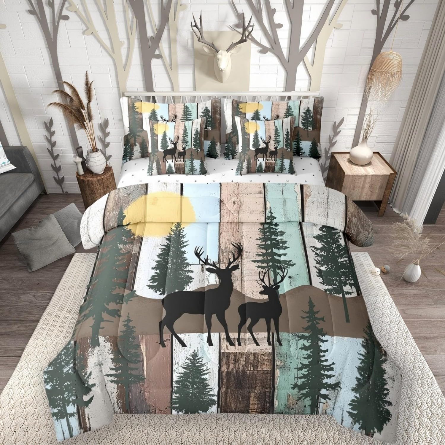 Erosebridal Elk Deer King Size Comforter Set with Sheets, Farmhouse Decor Rustic Barn Door 7 Piece Bedding Set Reindeer Bed in a Bag, Country Lodge Cabin Cottage Woodland Animals Bed Sets, Blue Brown
