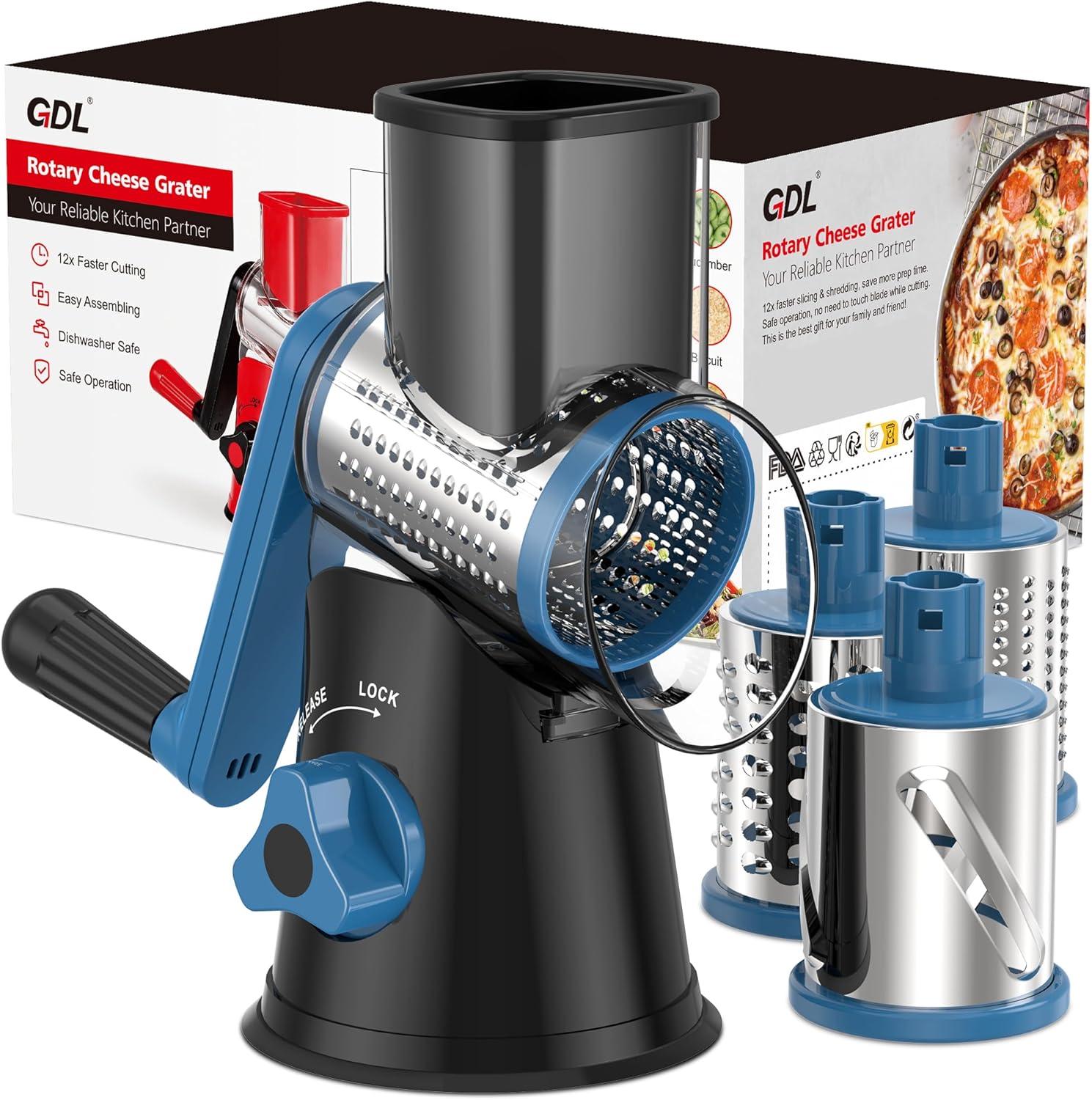 Rallador de queso rotativo, rallador giratorio para cocina, cortador de verduras de cocina con 3 cuchillas de tambor, triturador de queso de corte