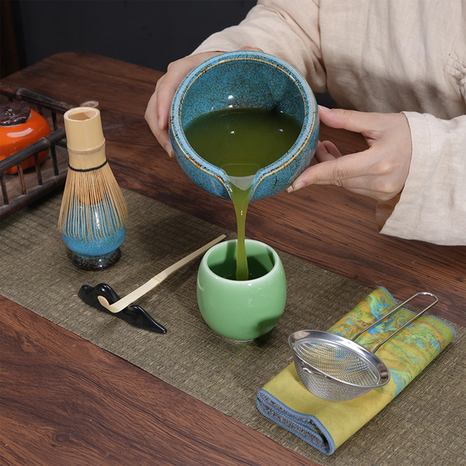 Juego de cuencos for matcha, juego de batidores de matcha de 7 piezas, cuenco de matcha de cerámica japonesa, cuenco de matcha con vertedor, for preparar matcha, té, accesorios de preparación(Yellow)