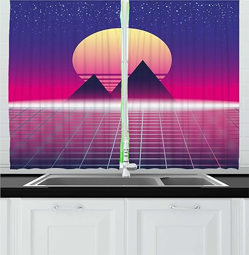 Lunarable Cortinas de cocina de discoteca, Synthwave con tema de pirámides de paisaje, juego de 2 paneles para decoración de cocina y cafetería, 55