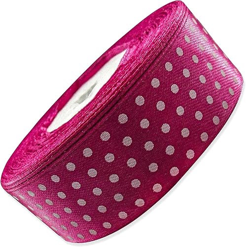 Cinta de 1 pulgada de color rosa oscuro con lunares blancos para manualidades, cinta de regalo, rollo de cinta sólida de satén de 1 pulgada x 25