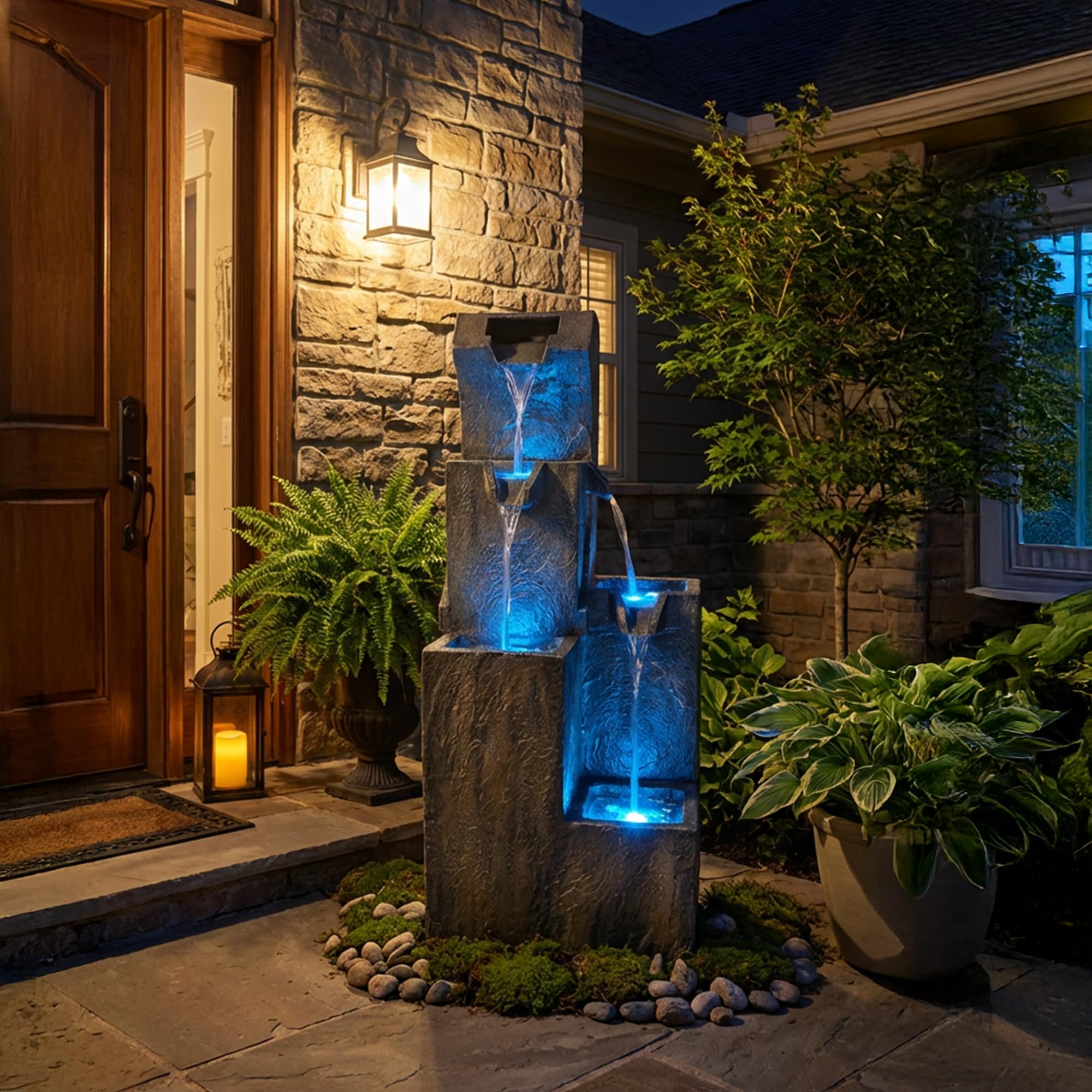 Köhko Gartenbrunnen „Ballerina“ mit 4 LEDs, 4-stufiger Wasserfall Brunnen für Garten und Terrasse, Modernes Wasserspiel Springbrunnen für Balkon, Hof und Garten Deko