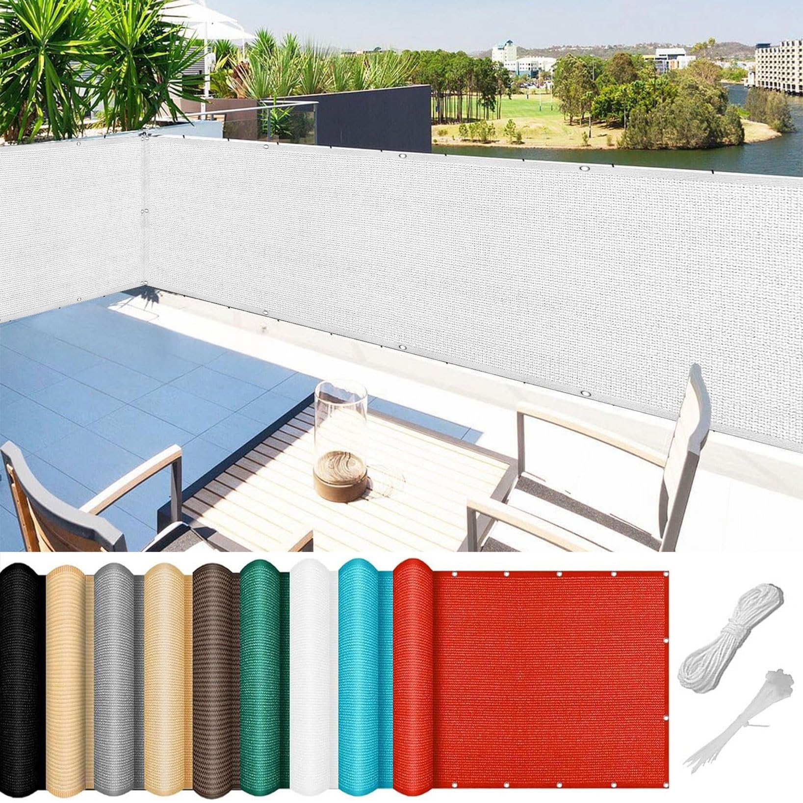 Balcony Privacy Screen 150 x 575 cm 90% Shading Rate Uv-Resistant HDPE Fabric Garden Fence with Holes and Cable Ties for Garden, Fence, Terrace, Porch, White