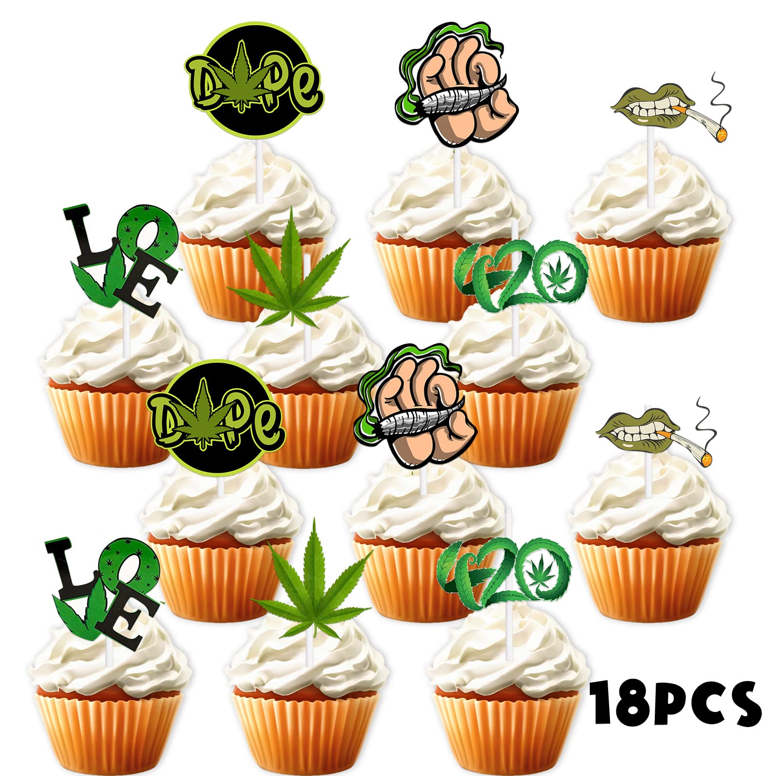 24 Stück Dope Marihuana Blatt Cupcake Topper - 420 Geburtstag, Grün Gold Glitzer Dekoration