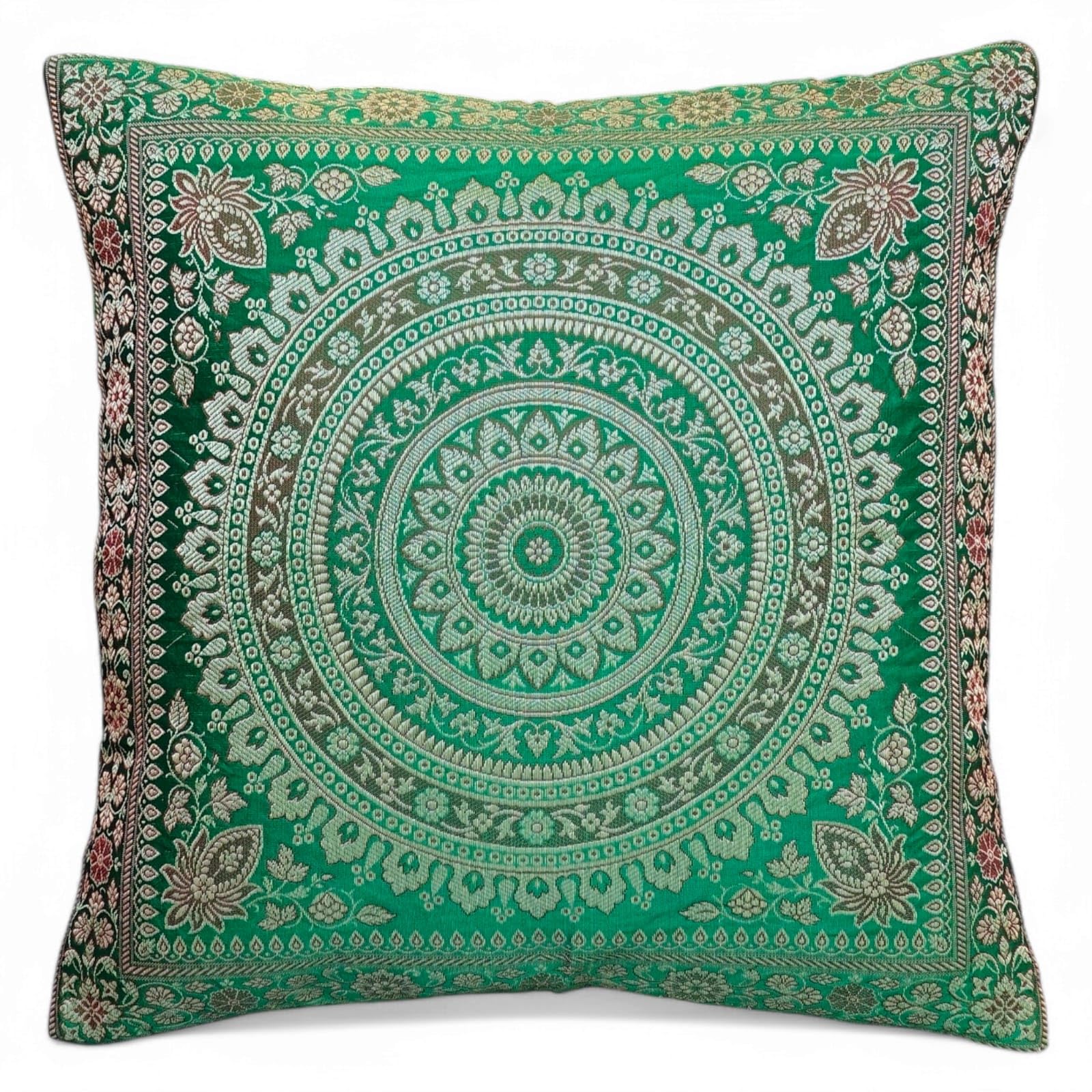 Original Kikan Grass Green Indian Patchwork Mandala Sari Ethnic Silk Banarsi Cushion Covers Mandala 16"X16" (Grass Green)