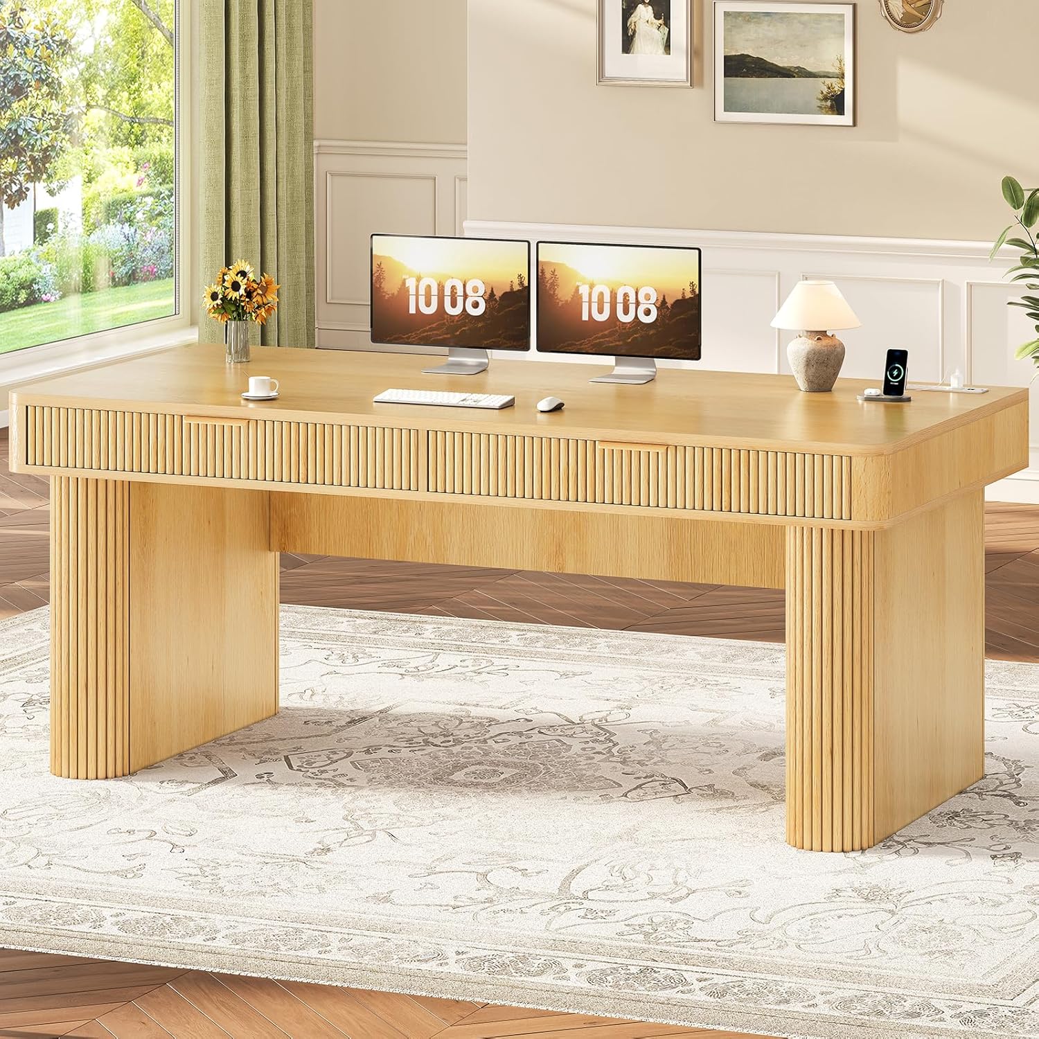 SEDETA Office Desk with 2 Drawers, 59" Fluted Computer Desk with Storage and Power Strip, Wood Executive Desk, Writing Desk for Home Office, Living Room, Bedroom, Oak