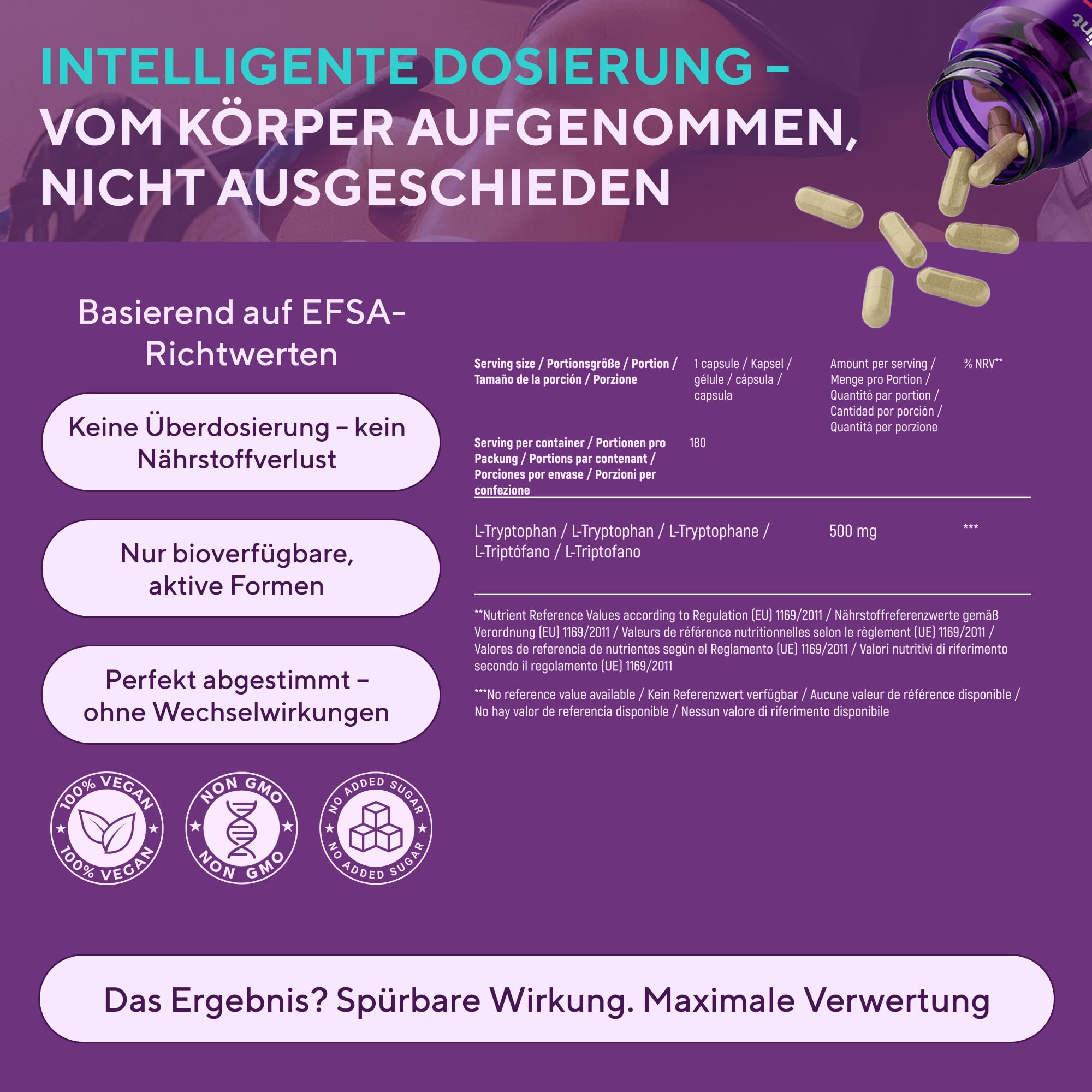 L-Tryptophan 500 mg Kapseln Hochdosiert – 180 vegane Kapseln – 3 Pack | Essenzielle Aminosäure – 1 Kapsel täglich, Vorrat für 180 Tage – GMP-zertifiziert & in Deutschland laborgeprüft