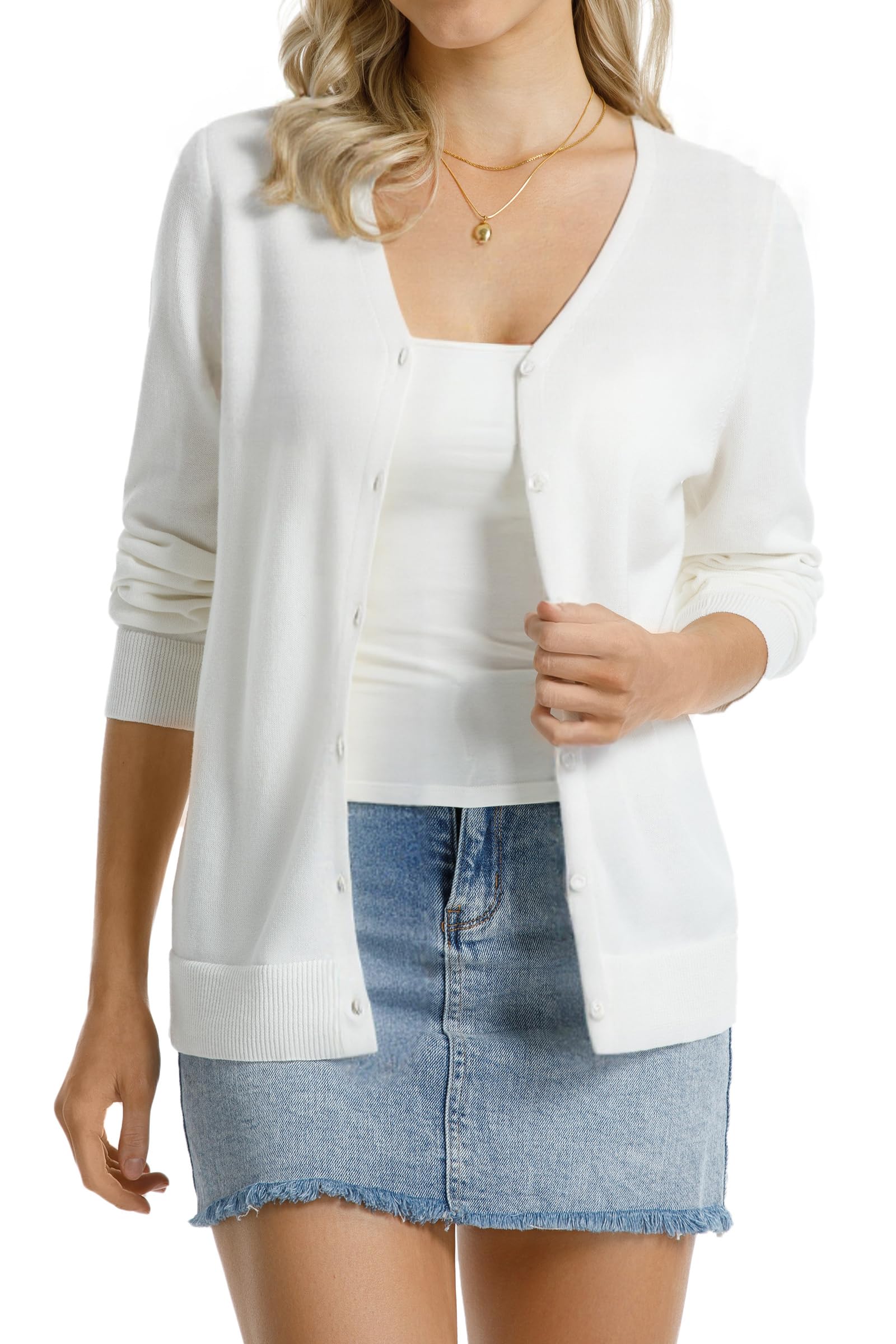 QUALFORT Women's 100% Cotton Lightweight Cardigans Long Sleeve Sweater
