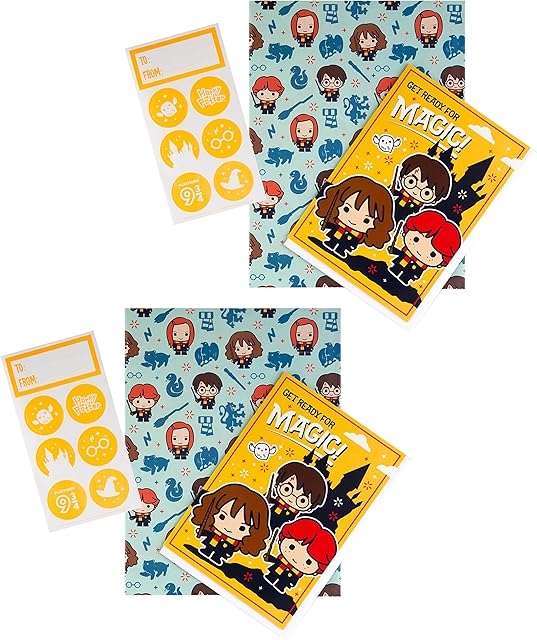 Hallmark Harry Potter Birthday Gift Wrap Pack Bundle - 2 Gift Wrap Sheets, 2 Sticker Sets and 2 Cards in 1 Design, Multicoloured
