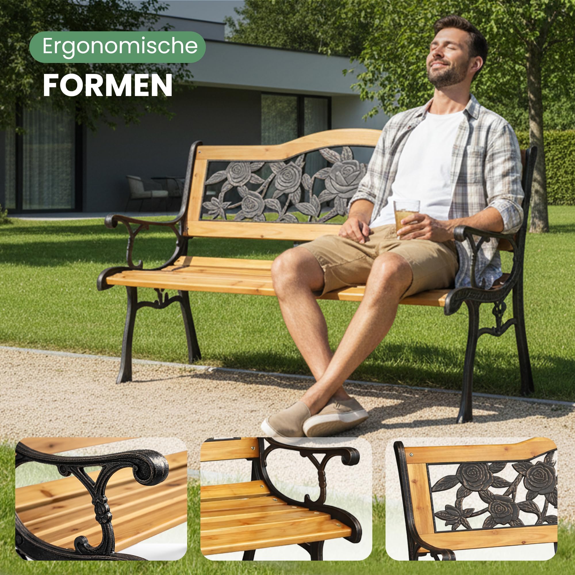 AKORD Gartenbank ROSA | Bank Garten mit Lackiertem Holz und Gusseisernen Beinen | Sitzbank Draußen Wetterfest | Outdoor Holzbank | Gartenbänke mit Armlehne | Parkbank | Breite 118 cm | Braun